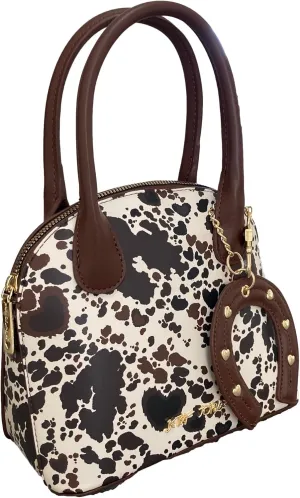 Betsey Johnson XO Hope MINI Dome Satchel Western Cow Heart Printed Brown Multi Faux Leather With Detachable Western Charm Gold Tone Heart Studded Faux Leather Horse Shoe Dangle MINI Crossbody