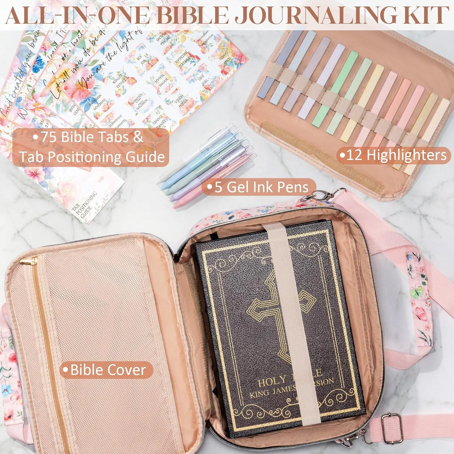 Bible Cover for Women Bible Case, Large Bible Bag w/Shoulder Strap, Bible Study Supplies Bible Journaling Kit Pink Book Carrying Case with Bible Highlighters, Mothers Day Christian Gifts for Women