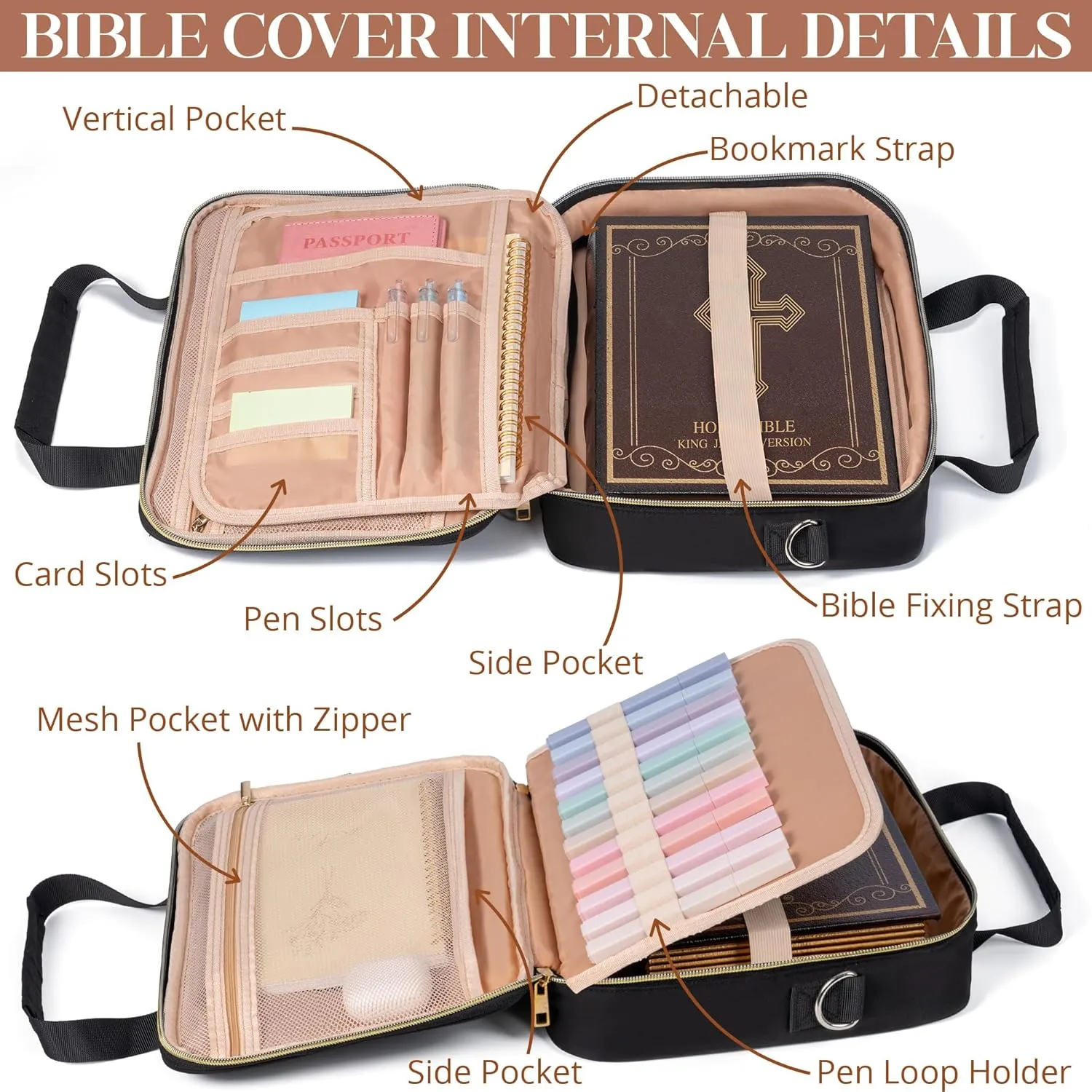 Bible Cover for Women Bible Case, Large Bible Bag w/Shoulder Strap, Bible Study Supplies Bible Journaling Kit Pink Book Carrying Case with Bible Highlighters, Mothers Day Christian Gifts for Women