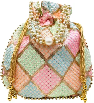 BINDNI Embroidered Potli Bag Ladies Drawstring Bag Purse Pouch Indian Handmade Pearl Batwa Gift for Weddings & Parties