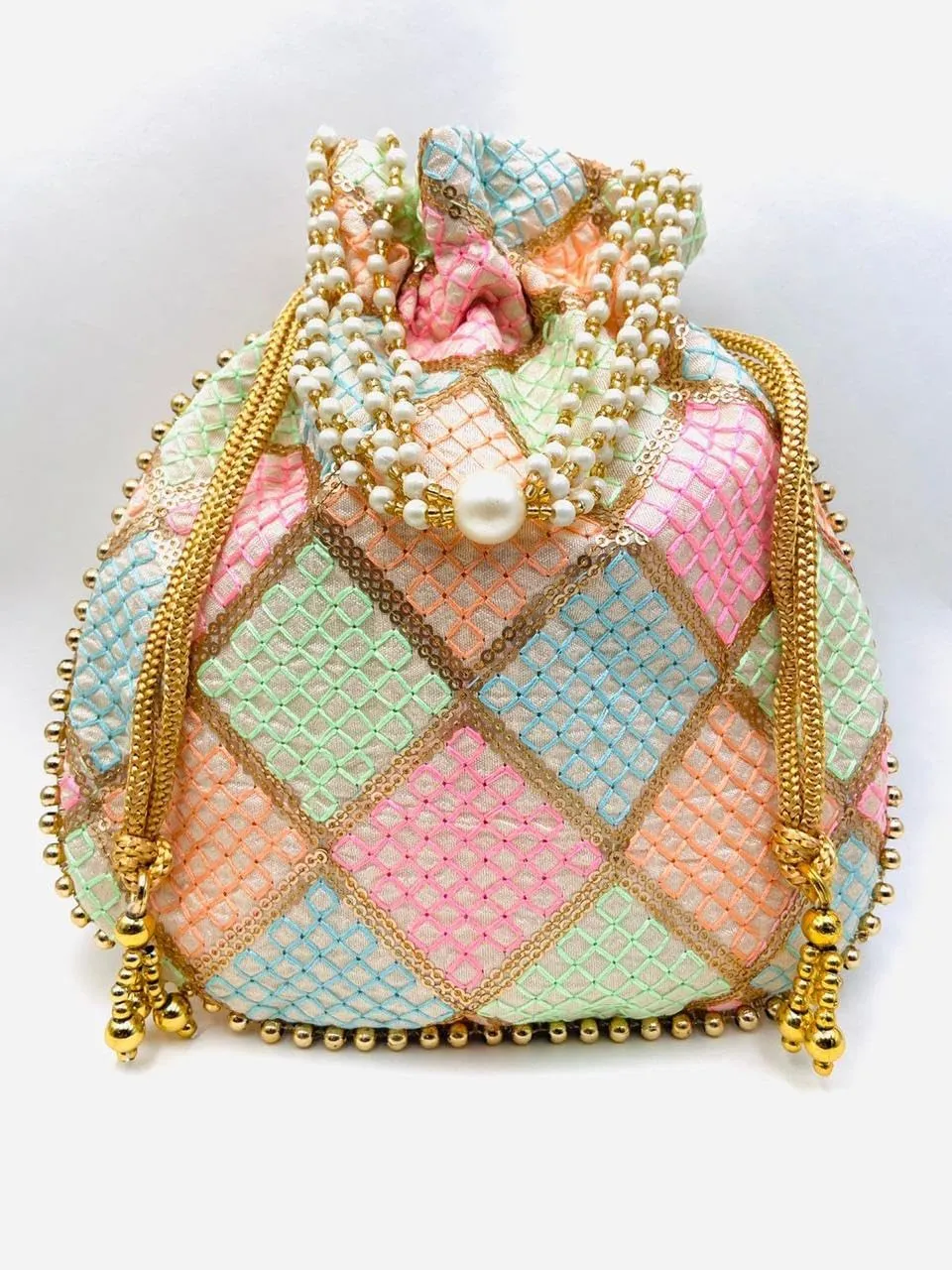 BINDNI Embroidered Potli Bag Ladies Drawstring Bag Purse Pouch Indian Handmade Pearl Batwa Gift for Weddings & Parties