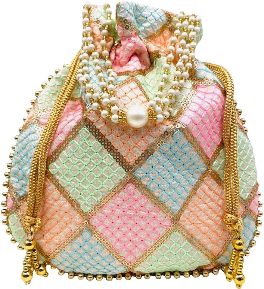 BINDNI Embroidered Potli Bag Ladies Drawstring Bag Purse Pouch Indian Handmade Pearl Batwa Gift for Weddings & Parties
