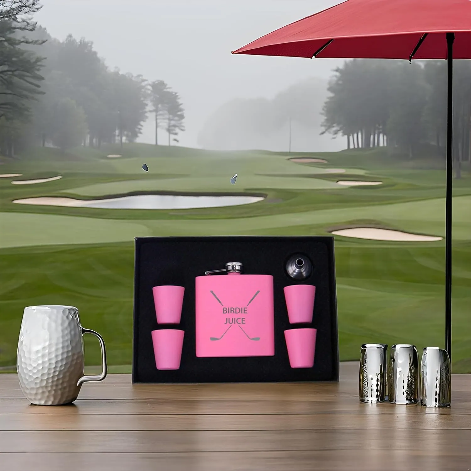 Birdie Juice Flask, Funnel, Shot Glasses, and Gift Box - Golfing Birdie Juice Hip Stainless Steel Metal Matte 6-Ounce Golf Bag Flask (Pink)