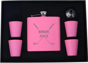 Birdie Juice Flask, Funnel, Shot Glasses, and Gift Box - Golfing Birdie Juice Hip Stainless Steel Metal Matte 6-Ounce Golf Bag Flask (Pink)