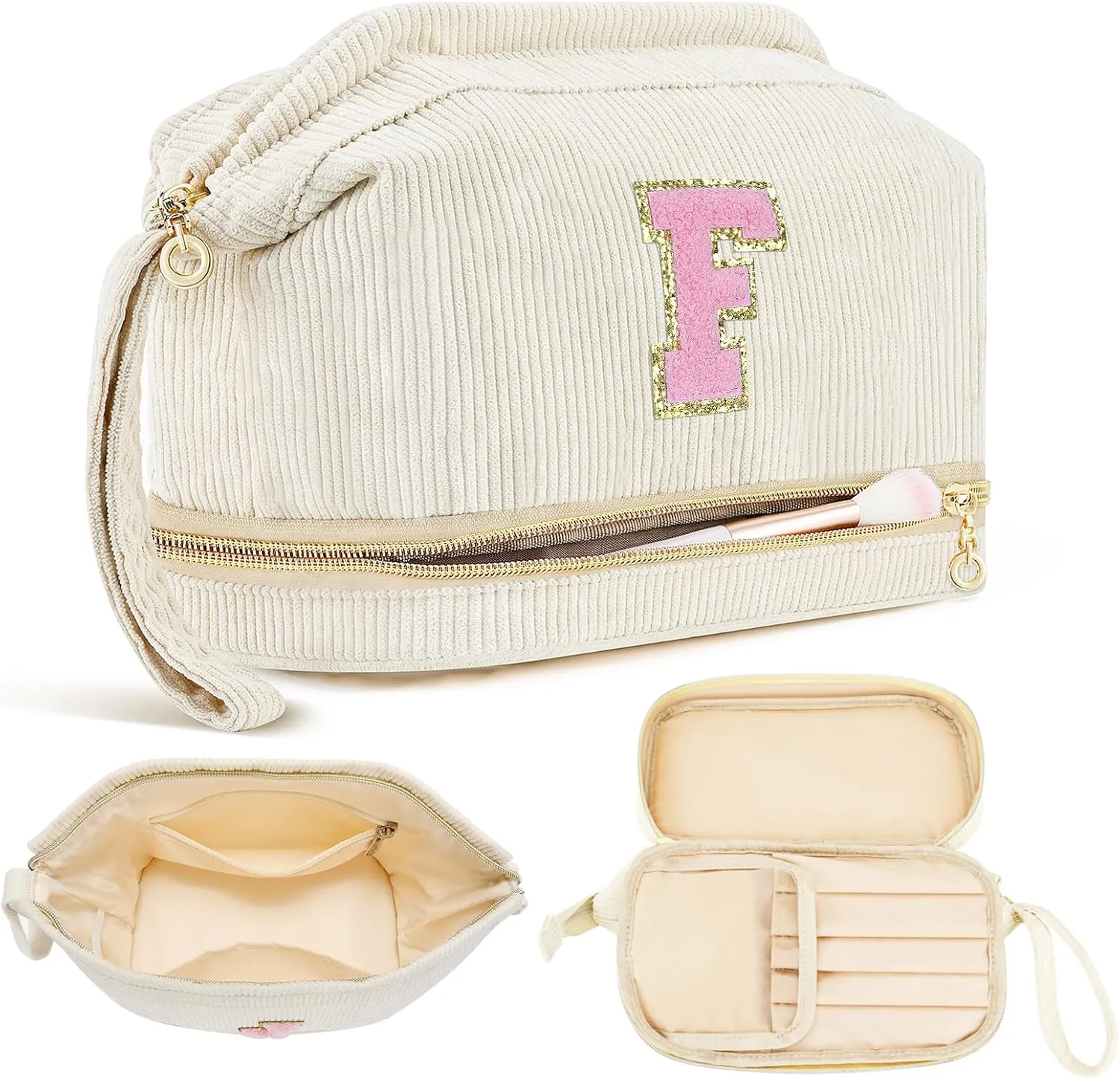 Birthday Gifts for Girls, Personalized Initial Women Makeup Bag, Travel Make up Bag Cosmetic Bag Preppy Stuff Bag for Girlfriend Wife Teacher 18th Birthday Gifts for Girls Teen Girl Gifts Trendy - F