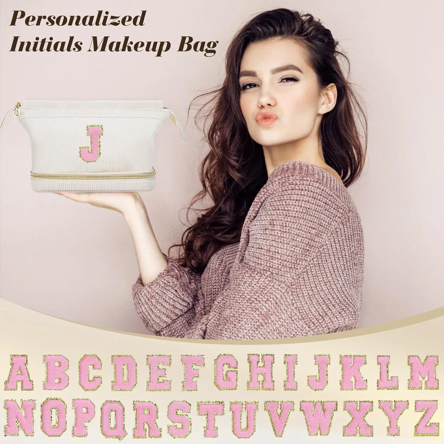 Birthday Gifts for Girls, Personalized Initial Women Makeup Bag, Travel Make up Bag Cosmetic Bag Preppy Stuff Bag for Girlfriend Wife Teacher 18th Birthday Gifts for Girls Teen Girl Gifts Trendy - F