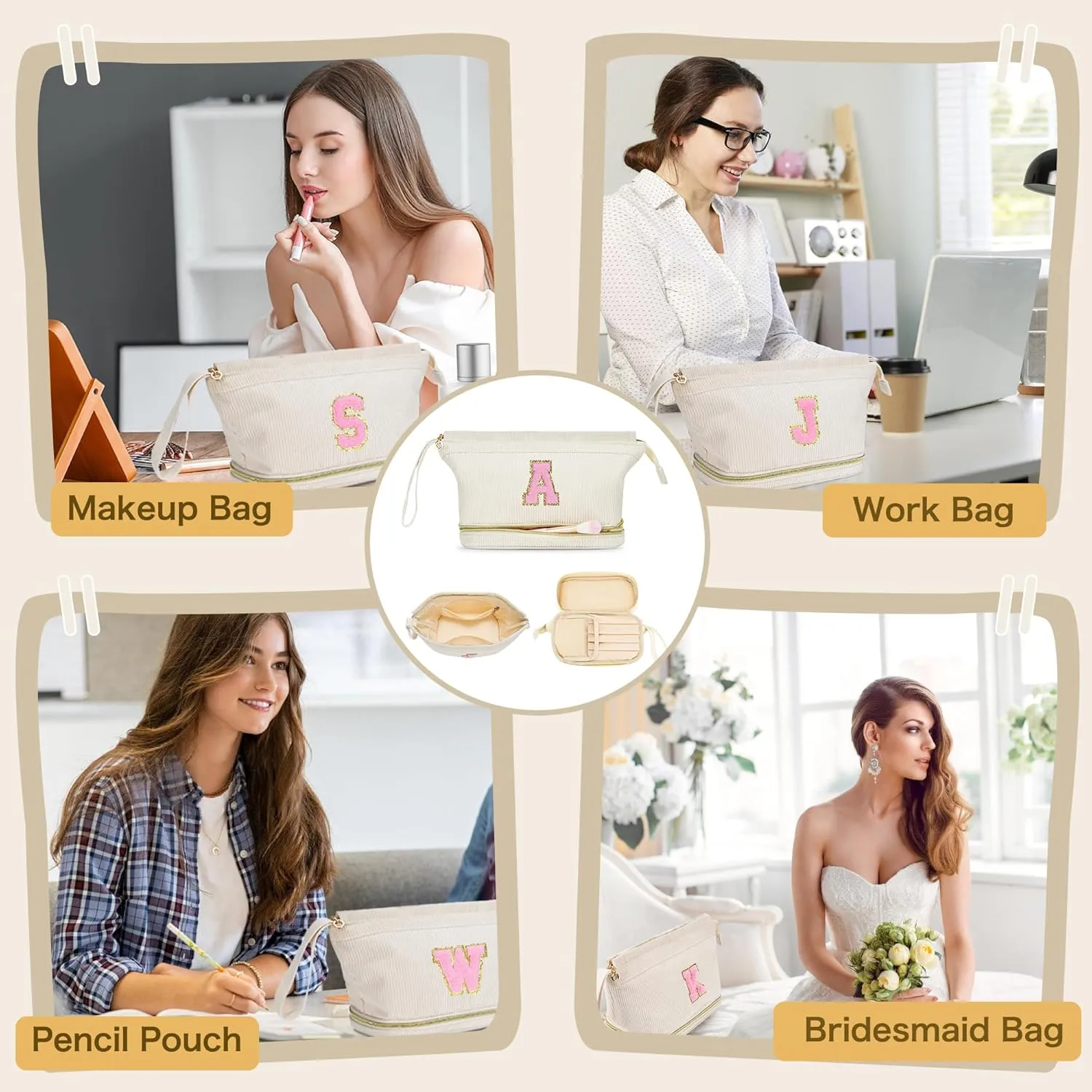 Birthday Gifts for Girls, Personalized Initial Women Makeup Bag, Travel Make up Bag Cosmetic Bag Preppy Stuff Bag for Girlfriend Wife Teacher 18th Birthday Gifts for Girls Teen Girl Gifts Trendy - F