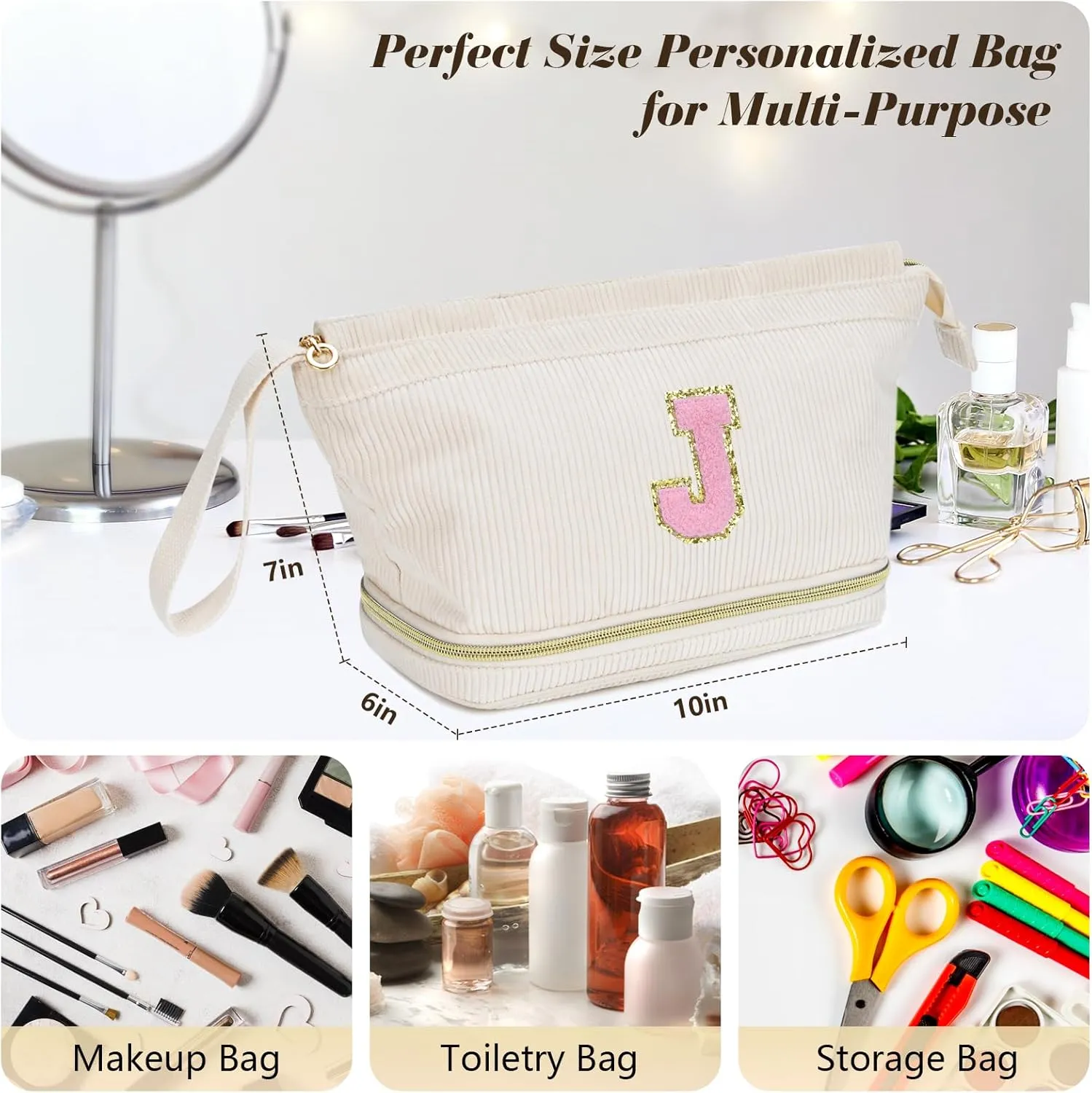 Birthday Gifts for Girls, Personalized Initial Women Makeup Bag, Travel Make up Bag Cosmetic Bag Preppy Stuff Bag for Girlfriend Wife Teacher 18th Birthday Gifts for Girls Teen Girl Gifts Trendy - F