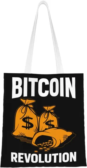 Bitcoin Revolution Tote Bag for Women Canvas Shopping Bags Reusable Large Capacity Casual Shoulder Handbags Grocery Bags DIY Gift Bags