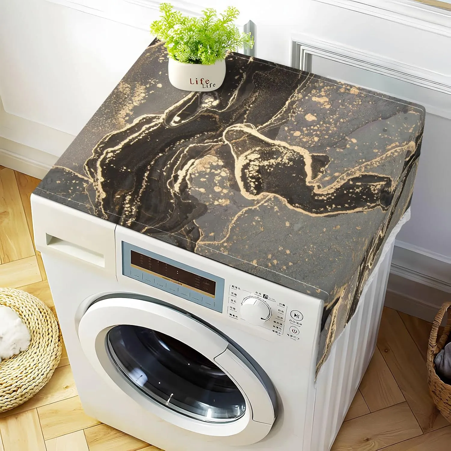 Black Gold Grey Marble Stone Marbled Mosaic with Golden Veins Lines 1 PC Washing Machine Cloth Dustproof Cover with Storage Bags Lace, Fridge Oven Dryer Top Dust Oil Proof Cover 51" x 22" for Home