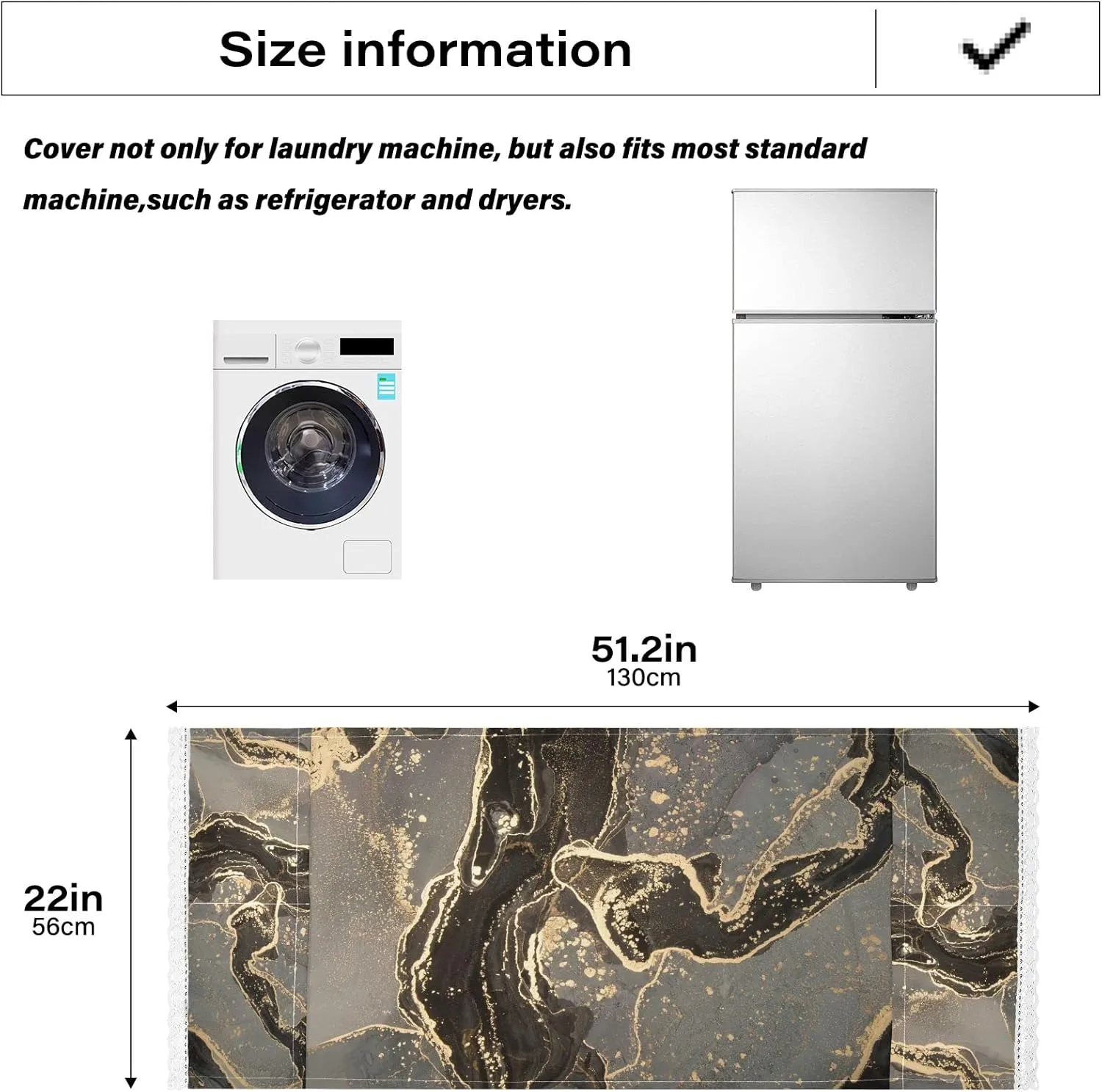 Black Gold Grey Marble Stone Marbled Mosaic with Golden Veins Lines 1 PC Washing Machine Cloth Dustproof Cover with Storage Bags Lace, Fridge Oven Dryer Top Dust Oil Proof Cover 51" x 22" for Home