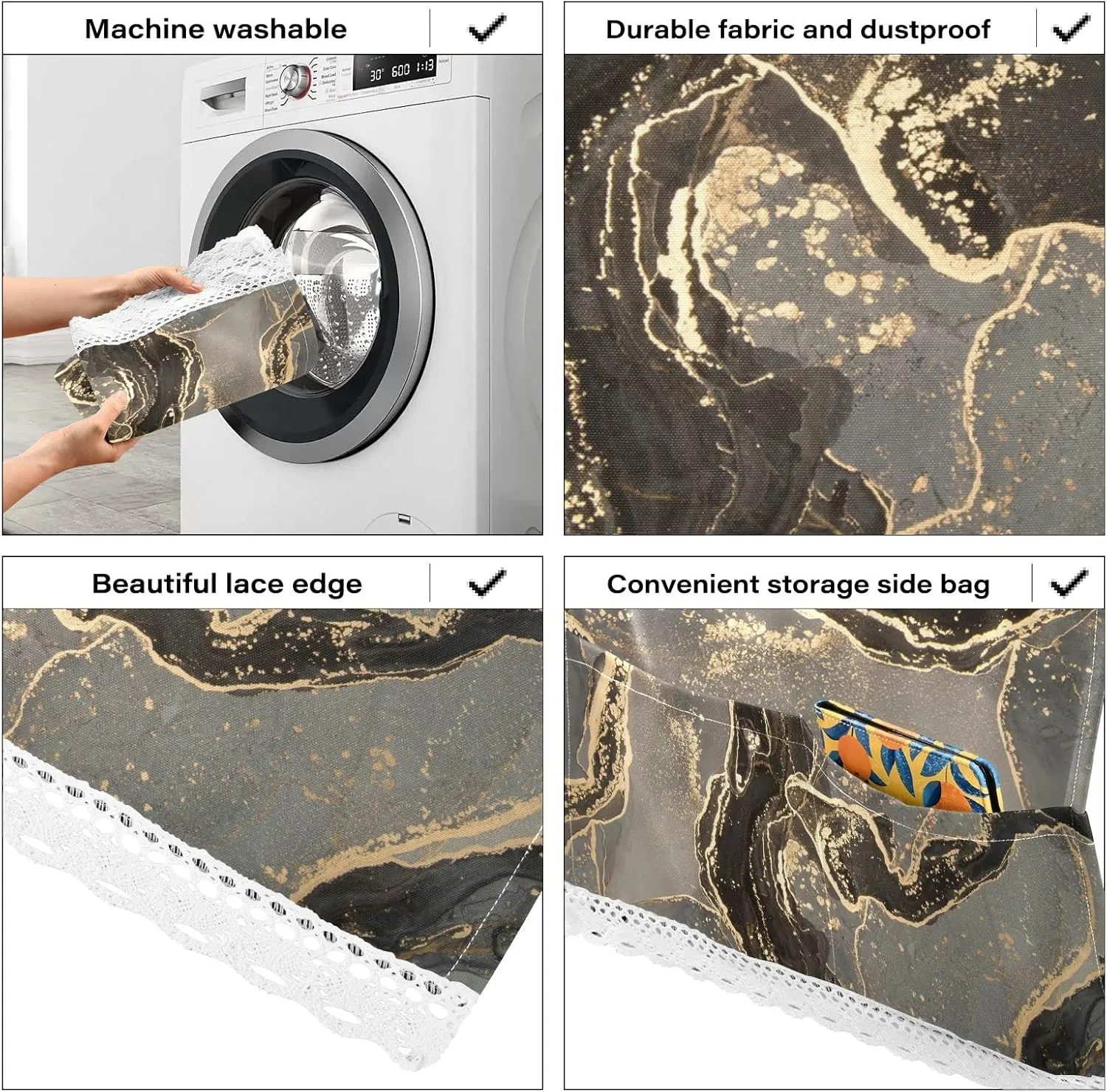 Black Gold Grey Marble Stone Marbled Mosaic with Golden Veins Lines 1 PC Washing Machine Cloth Dustproof Cover with Storage Bags Lace, Fridge Oven Dryer Top Dust Oil Proof Cover 51" x 22" for Home