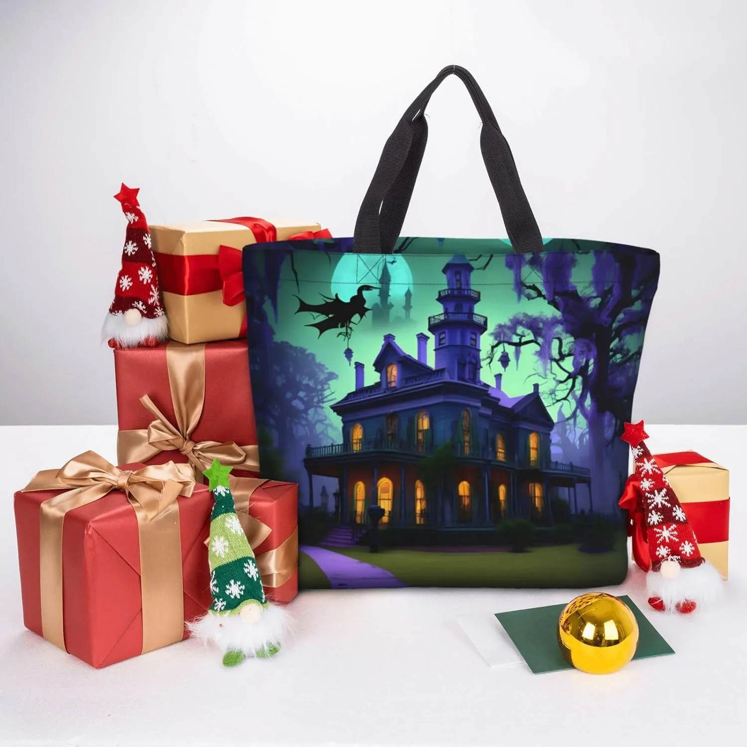 Black Haunted Mansion Large Capacity Bag Reusable Grocery Shoulder Bag With Inner Pockets