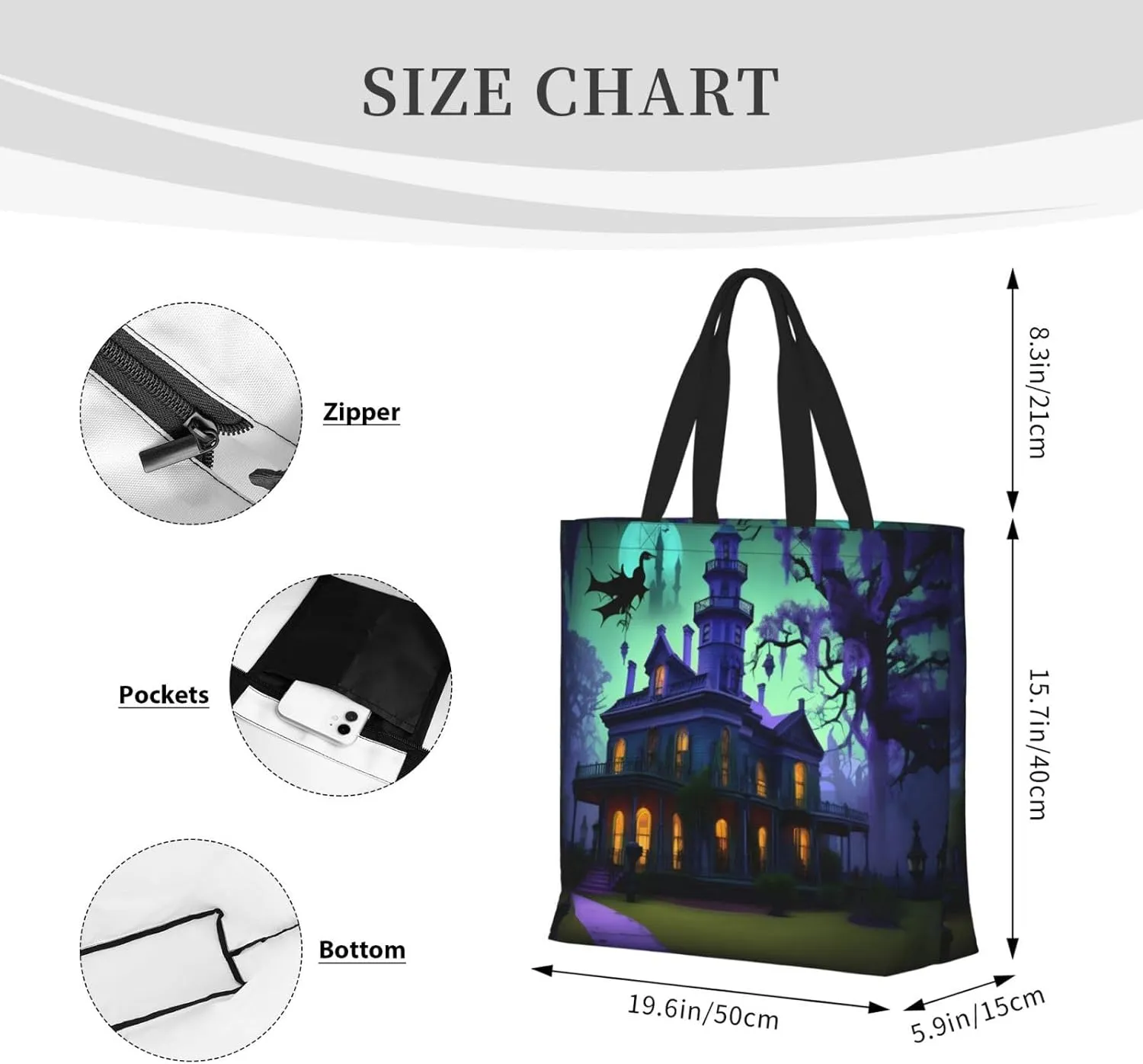 Black Haunted Mansion Large Capacity Bag Reusable Grocery Shoulder Bag With Inner Pockets