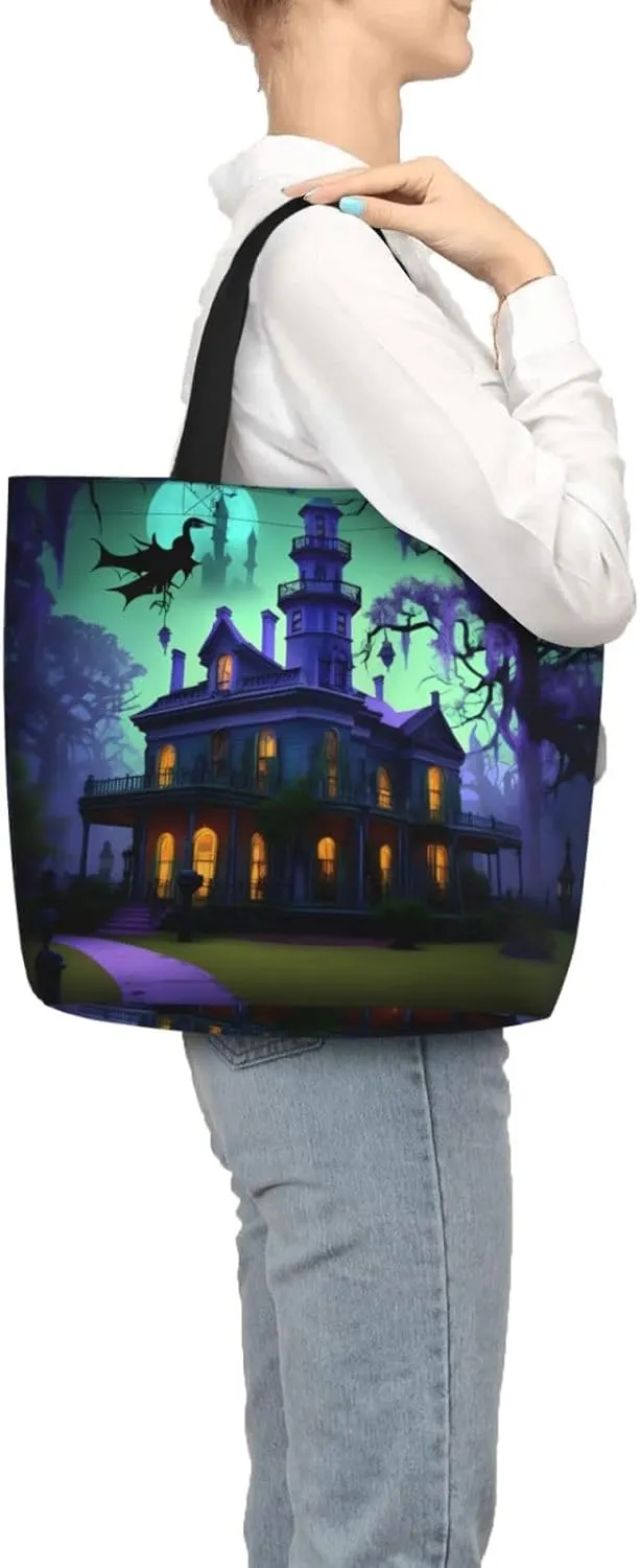 Black Haunted Mansion Large Capacity Bag Reusable Grocery Shoulder Bag With Inner Pockets