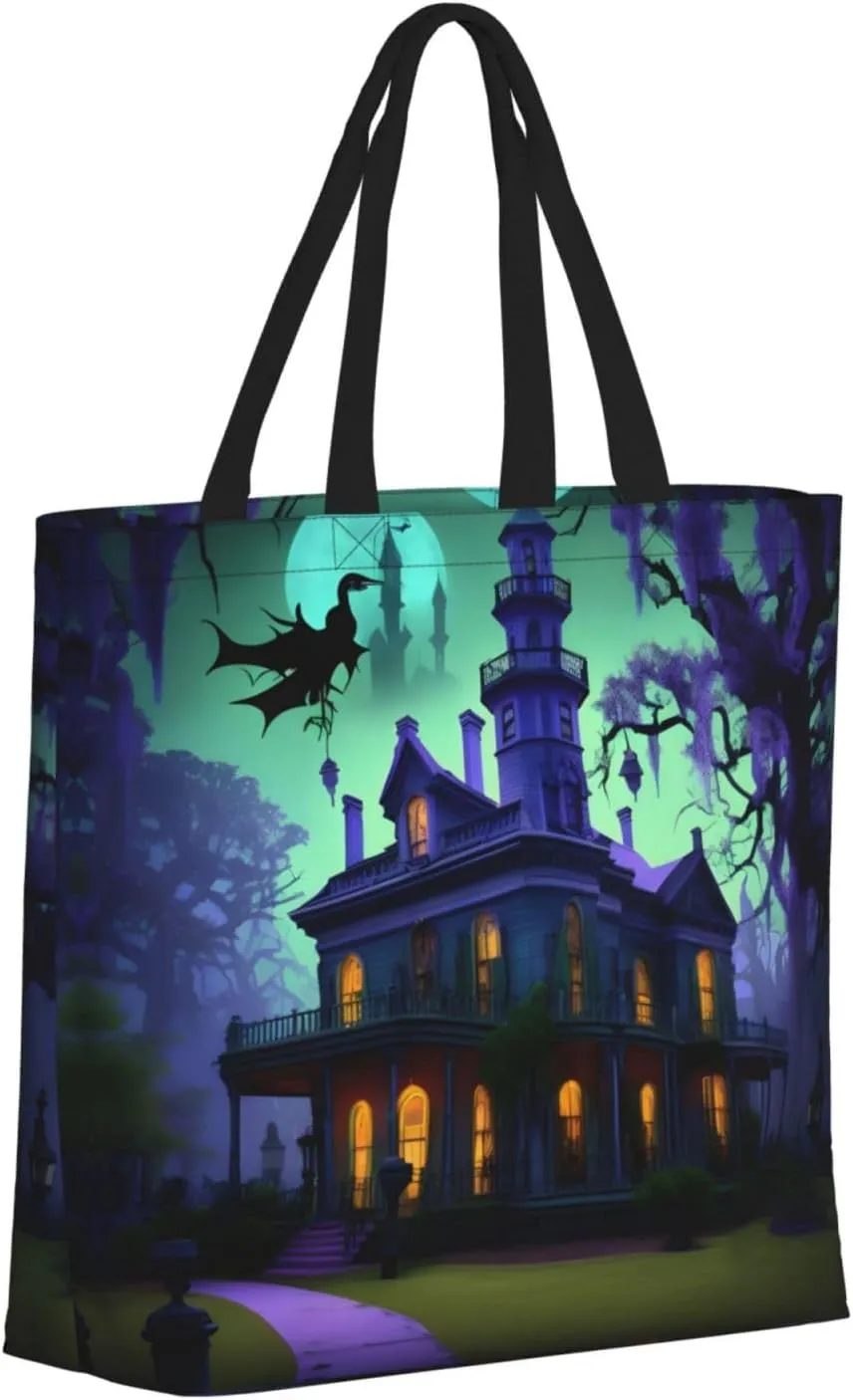 Black Haunted Mansion Large Capacity Bag Reusable Grocery Shoulder Bag With Inner Pockets