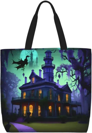 Black Haunted Mansion Large Capacity Bag Reusable Grocery Shoulder Bag With Inner Pockets