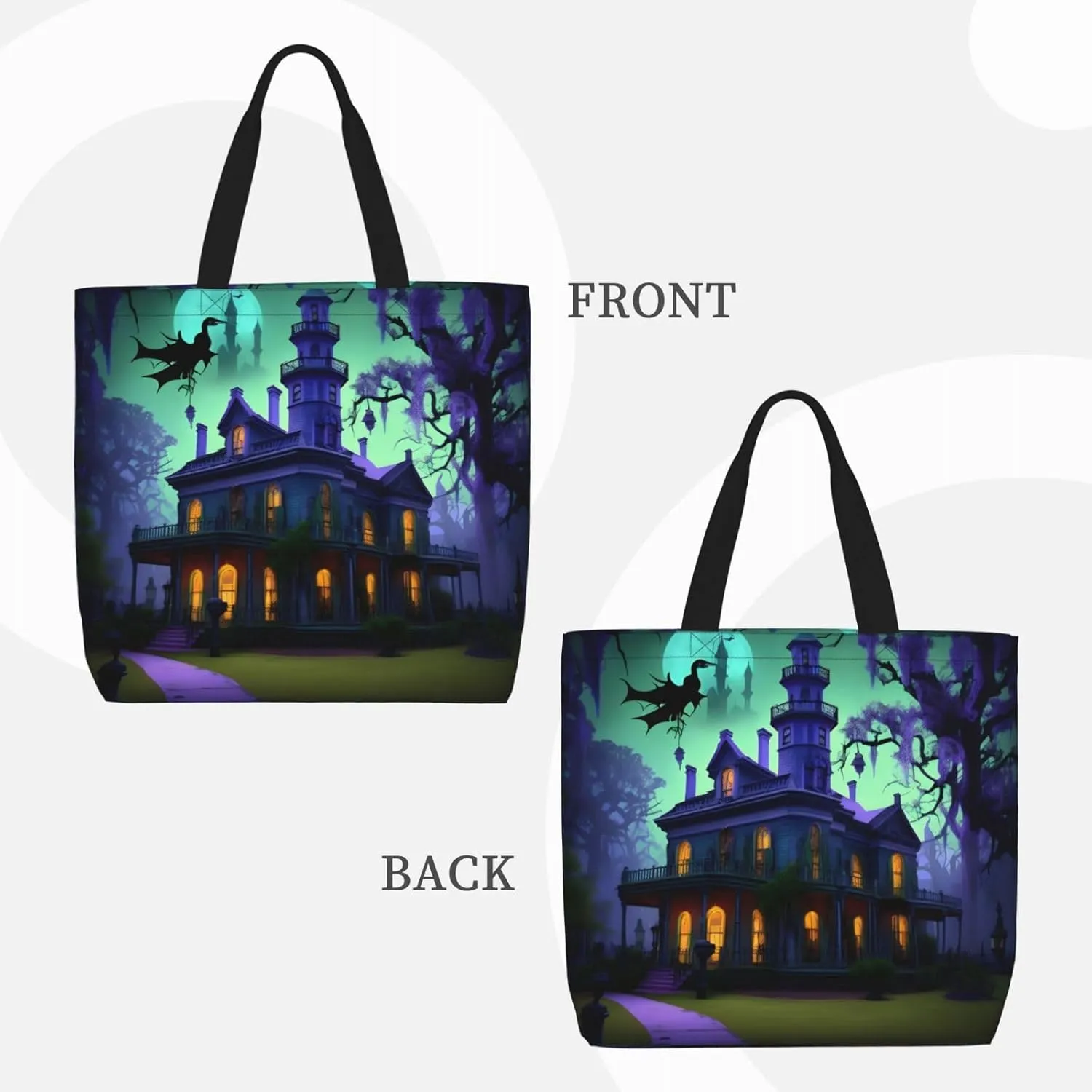 Black Haunted Mansion Large Capacity Bag Reusable Grocery Shoulder Bag With Inner Pockets