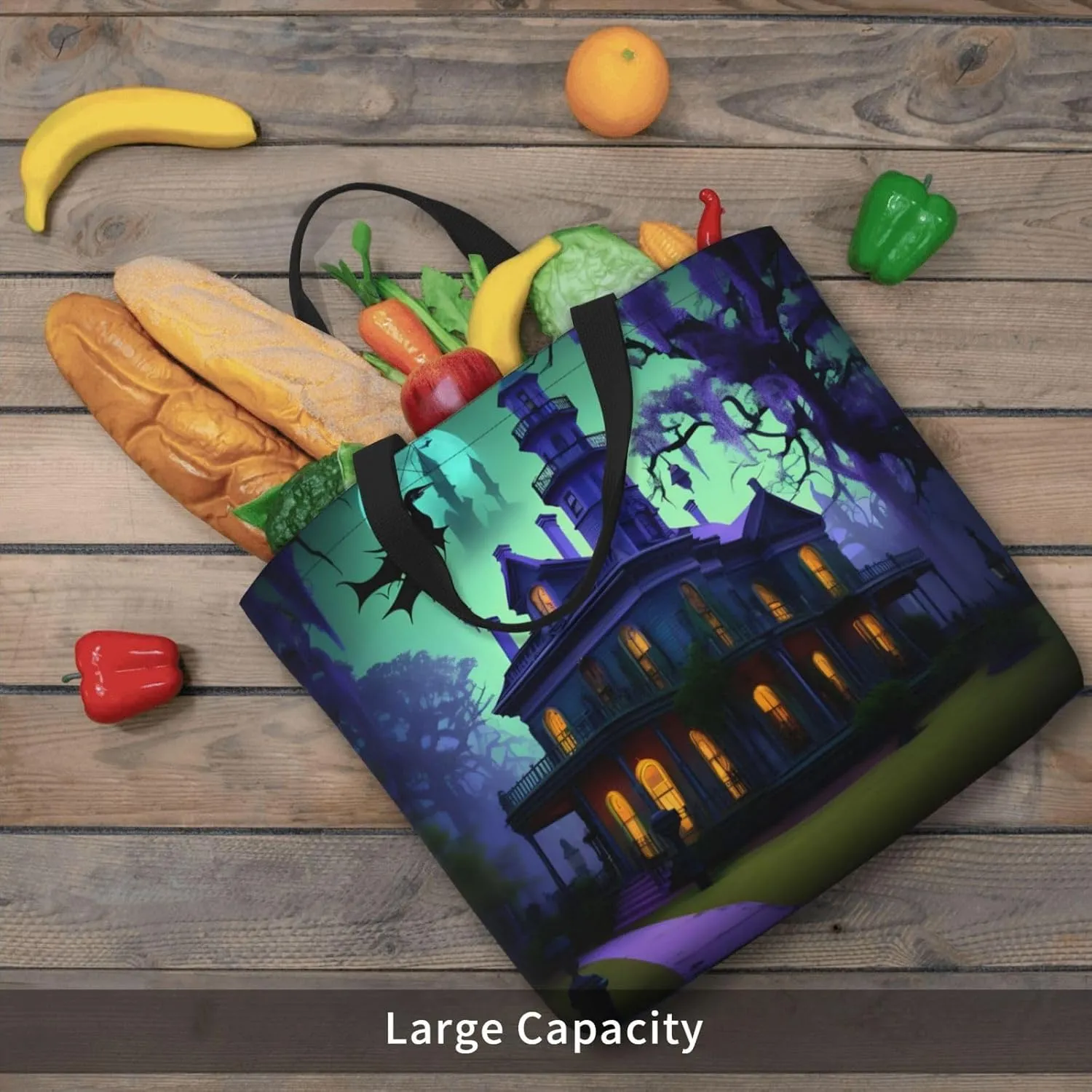 Black Haunted Mansion Large Capacity Bag Reusable Grocery Shoulder Bag With Inner Pockets