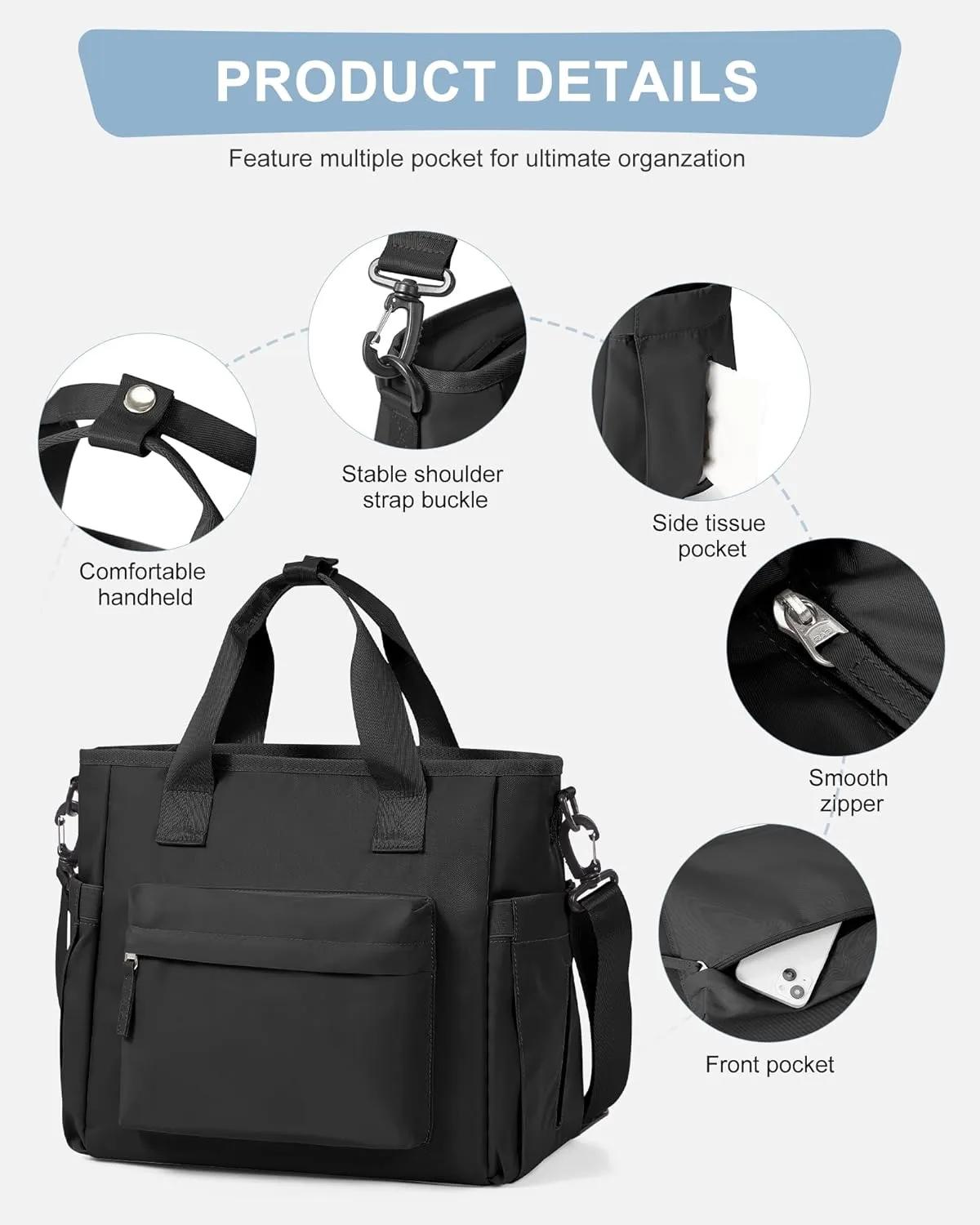 Black Lunch Box Bag for Women Men loncheras para mujer Lunch Tote Bag with Water Bottle Holder Shoulder Strap Adult Insulated Lunch Bags Boxes for Work