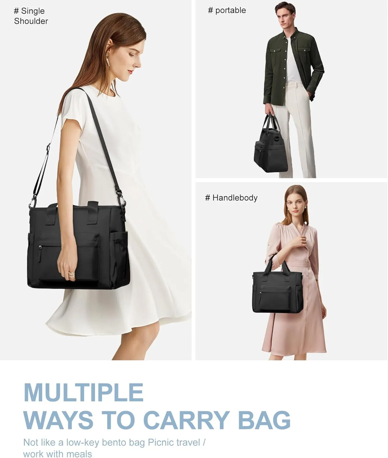 Black Lunch Box Bag for Women Men loncheras para mujer Lunch Tote Bag with Water Bottle Holder Shoulder Strap Adult Insulated Lunch Bags Boxes for Work