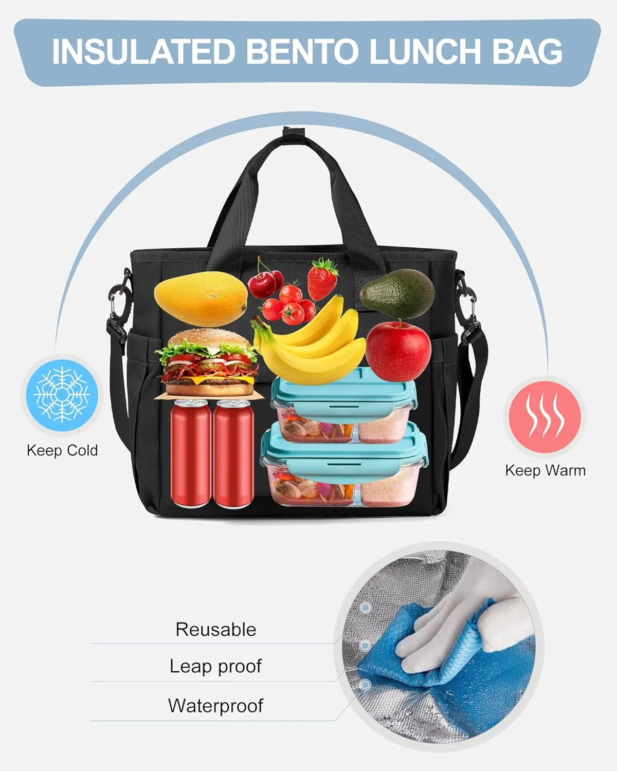 Black Lunch Box Bag for Women Men loncheras para mujer Lunch Tote Bag with Water Bottle Holder Shoulder Strap Adult Insulated Lunch Bags Boxes for Work