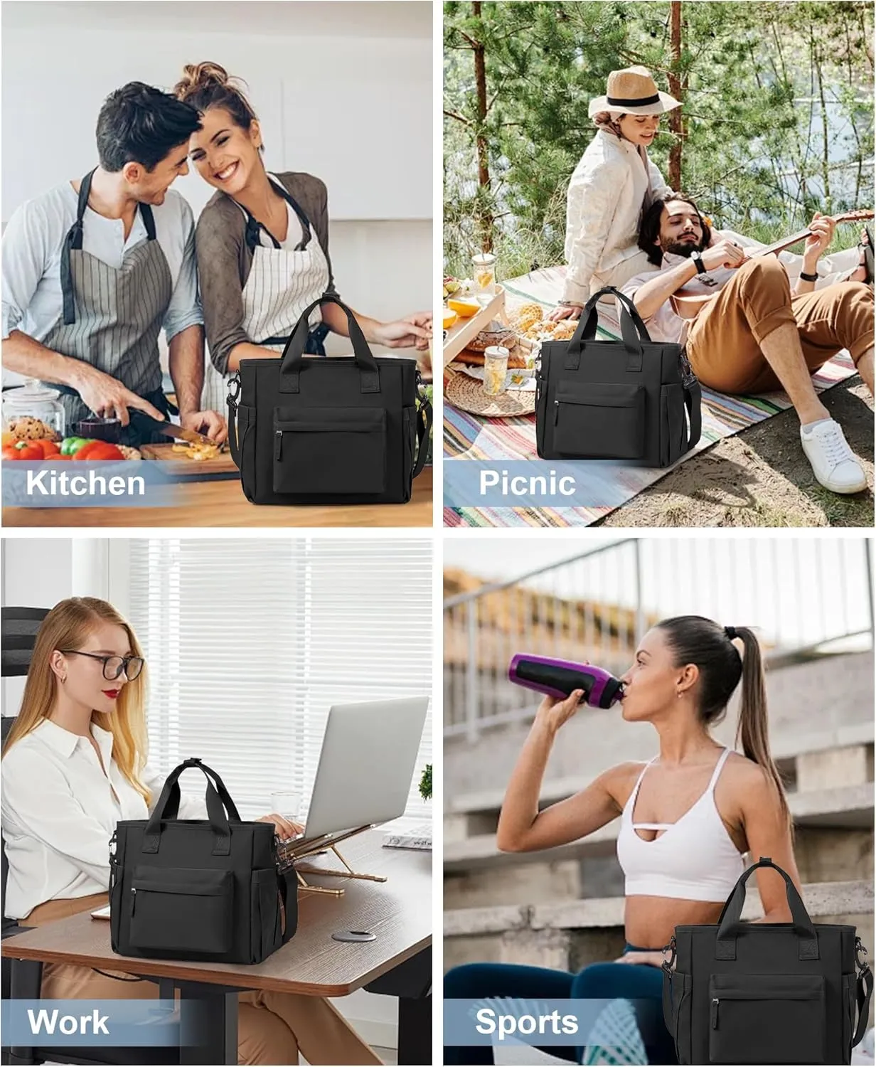 Black Lunch Box Bag for Women Men loncheras para mujer Lunch Tote Bag with Water Bottle Holder Shoulder Strap Adult Insulated Lunch Bags Boxes for Work