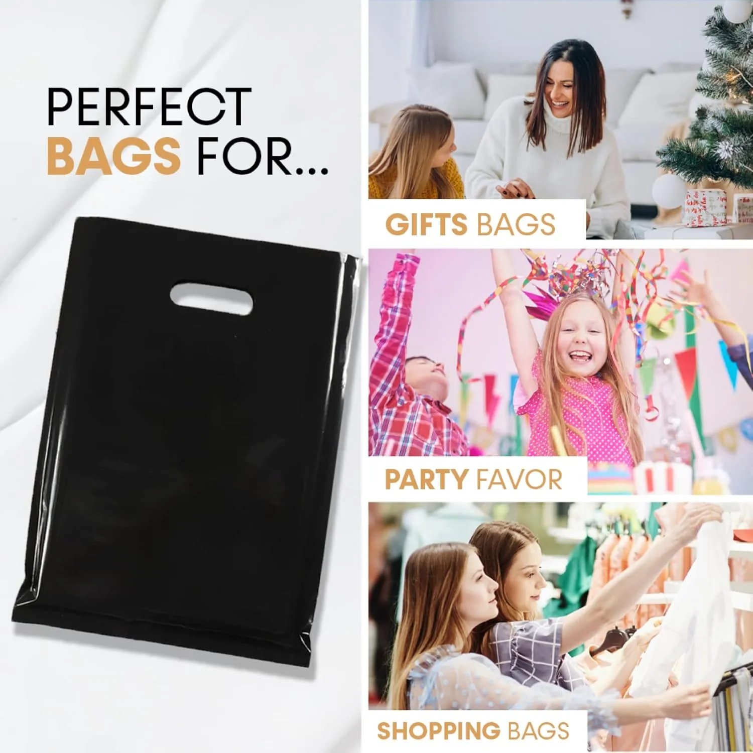 BLACK PLASTIC MERCHANDISE STORE BAGS, different sizes 9"x12", 12"x15", 15"x18" PACKS of 100/200/500 Retail Product Bags I 100% Recyclable