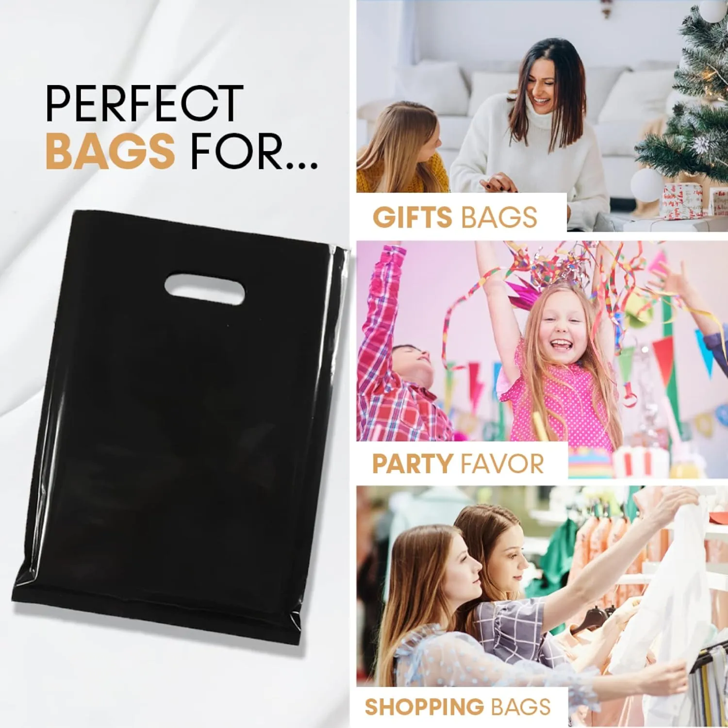 BLACK PLASTIC MERCHANDISE STORE BAGS, different sizes 9"x12", 12"x15", 15"x18" PACKS of 100/200/500 Retail Product Bags I 100% Recyclable