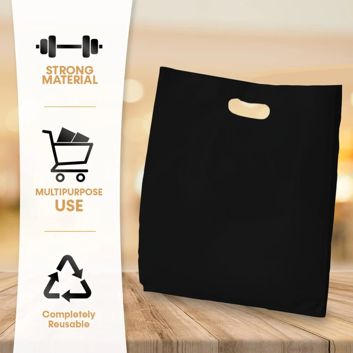 BLACK PLASTIC MERCHANDISE STORE BAGS, different sizes 9"x12", 12"x15", 15"x18" PACKS of 100/200/500 Retail Product Bags I 100% Recyclable