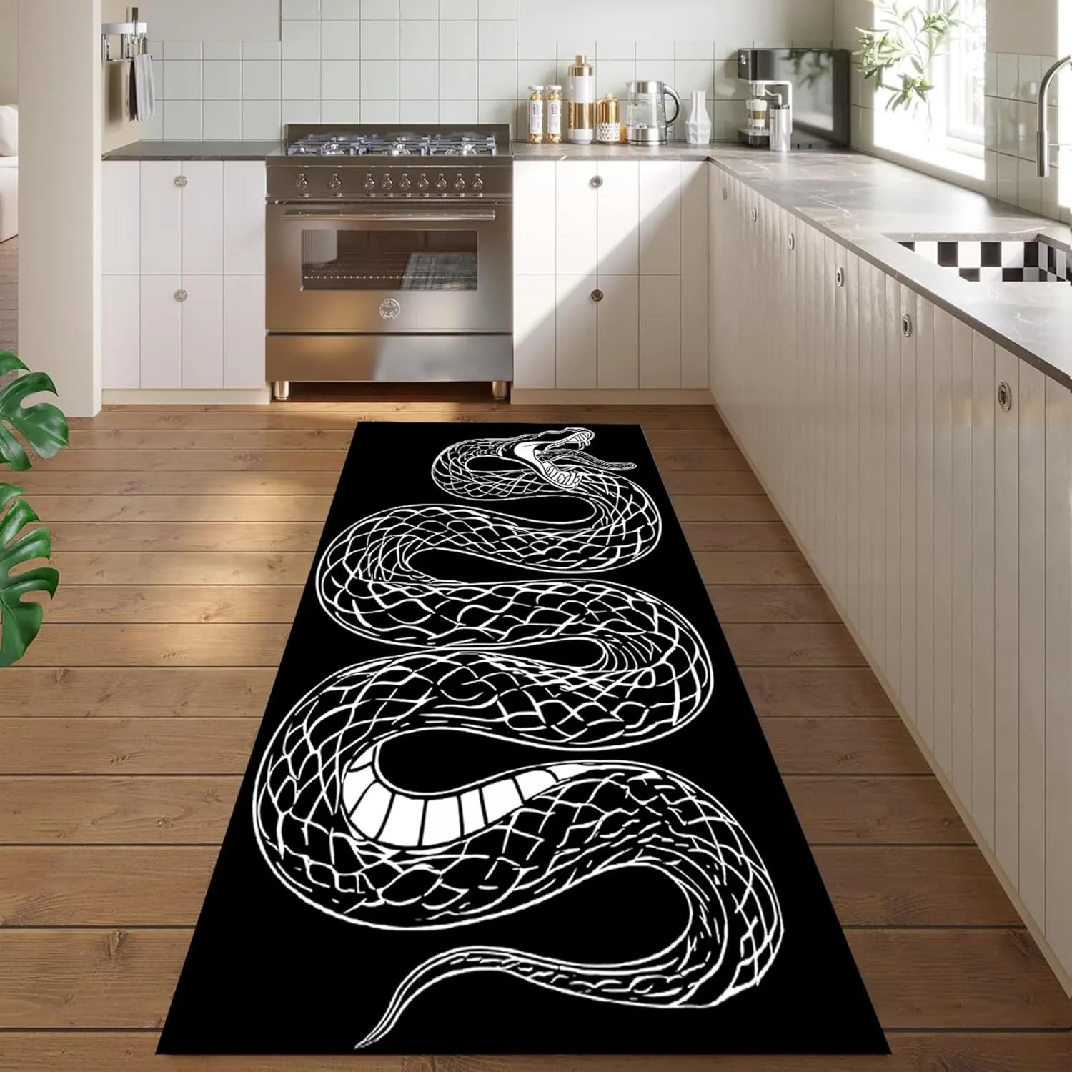 Black White Snakes Rug for Hallway 2x7ft Wild Animal Snakes Decor Long Runner Rug,Non-Slip Washable Modern Gothic Serpent Indoor Runner Area Rugs for Kitchen Laundry Room