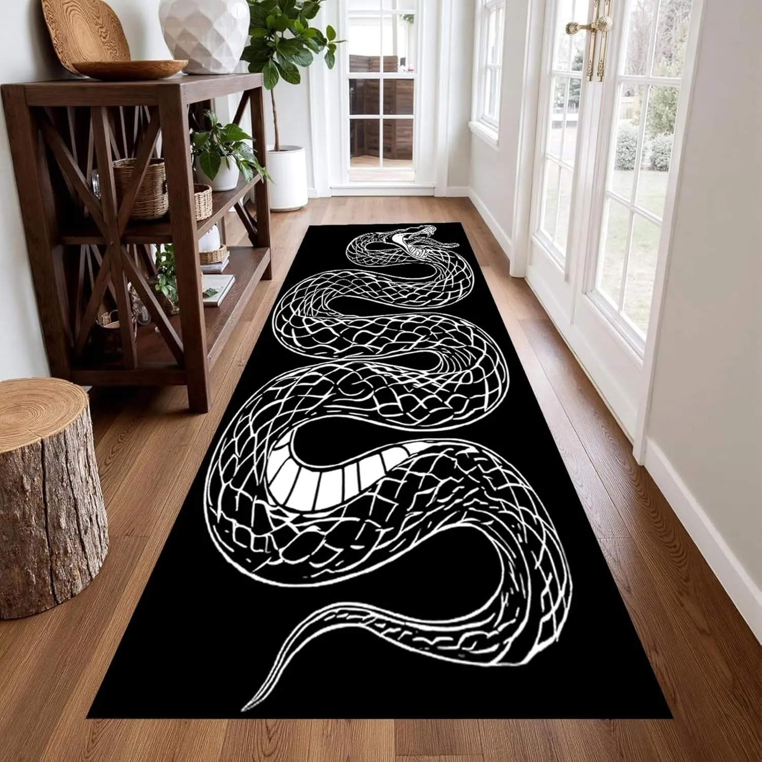 Black White Snakes Rug for Hallway 2x7ft Wild Animal Snakes Decor Long Runner Rug,Non-Slip Washable Modern Gothic Serpent Indoor Runner Area Rugs for Kitchen Laundry Room