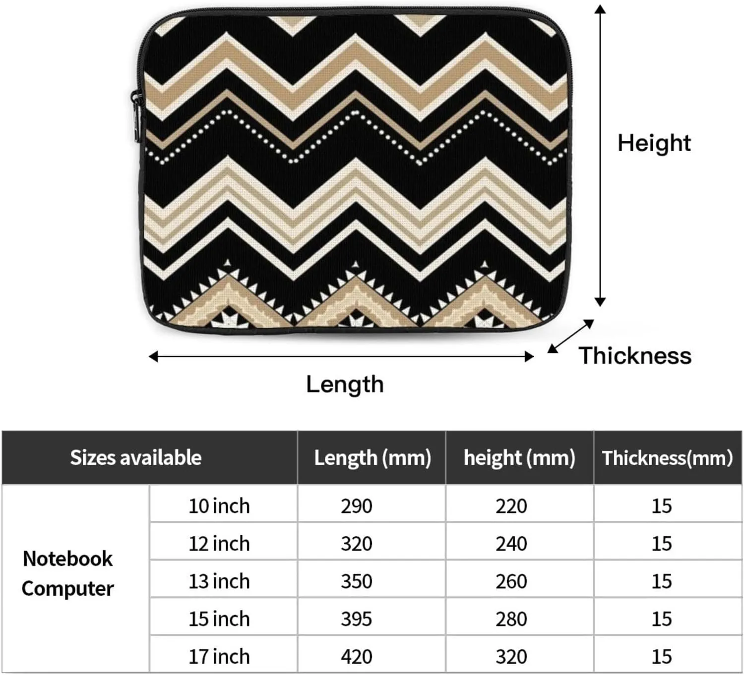 Black White Tan Zigzag Laptop Case 12 inch, Shockproof Protective Computer Sleeve Cover Water Resistant Laptop Bag Carrying Tablet Cover Briefcase Handbags Gifts for Men Women