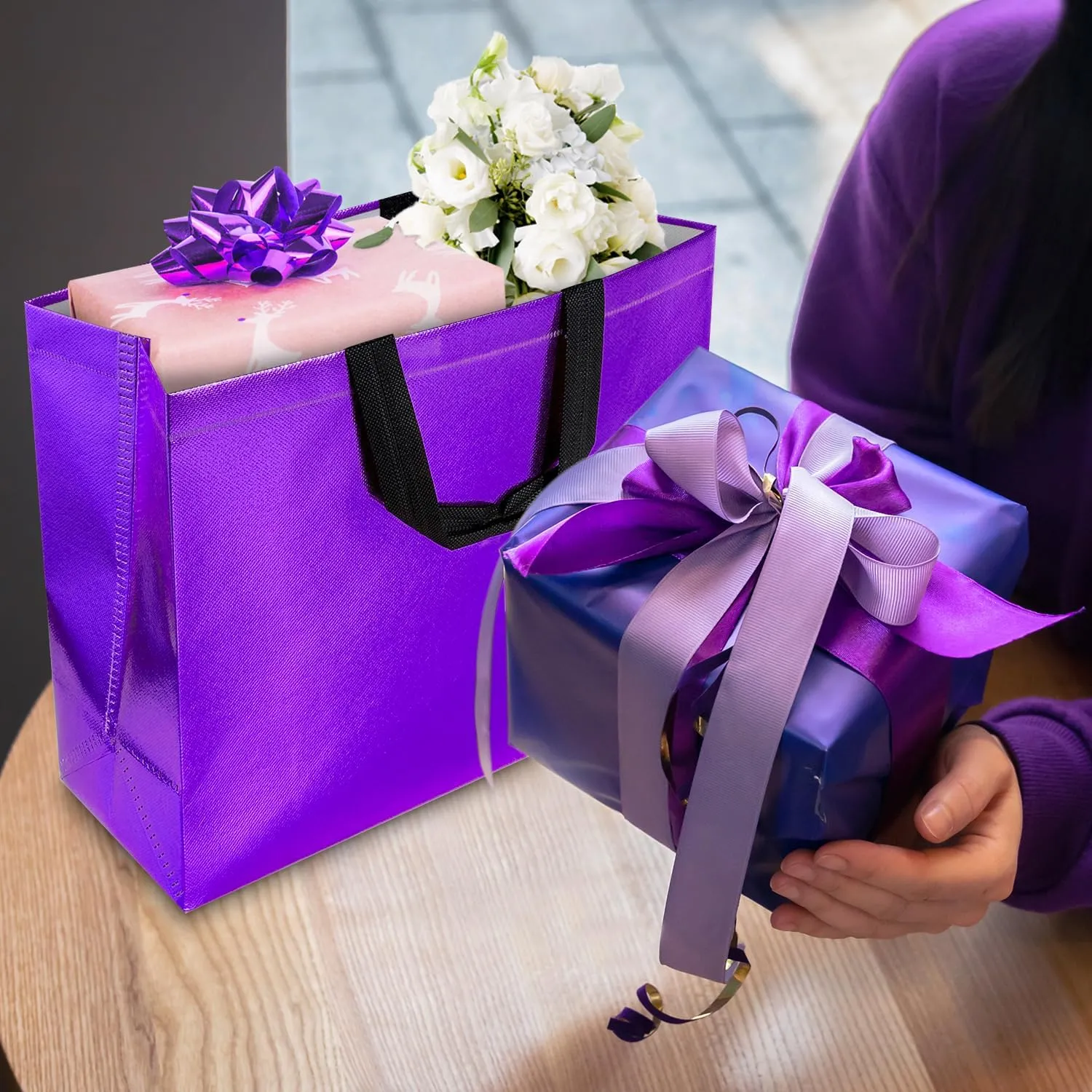 BLEWINDZ 60Pcs Large Gift Bags, Glossy Reusable Gift Bags Purple Tote Bags with Handles for Birthday, Bridesmaid, Wedding, Party Favors