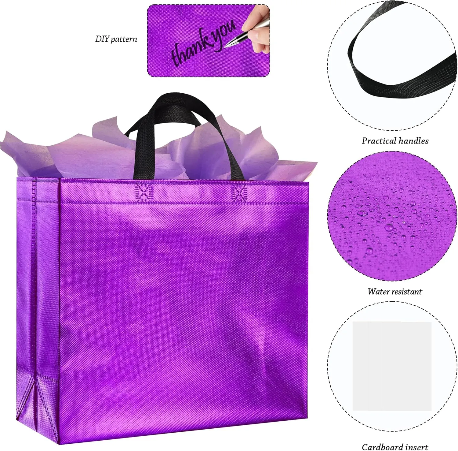 BLEWINDZ 60Pcs Large Gift Bags, Glossy Reusable Gift Bags Purple Tote Bags with Handles for Birthday, Bridesmaid, Wedding, Party Favors