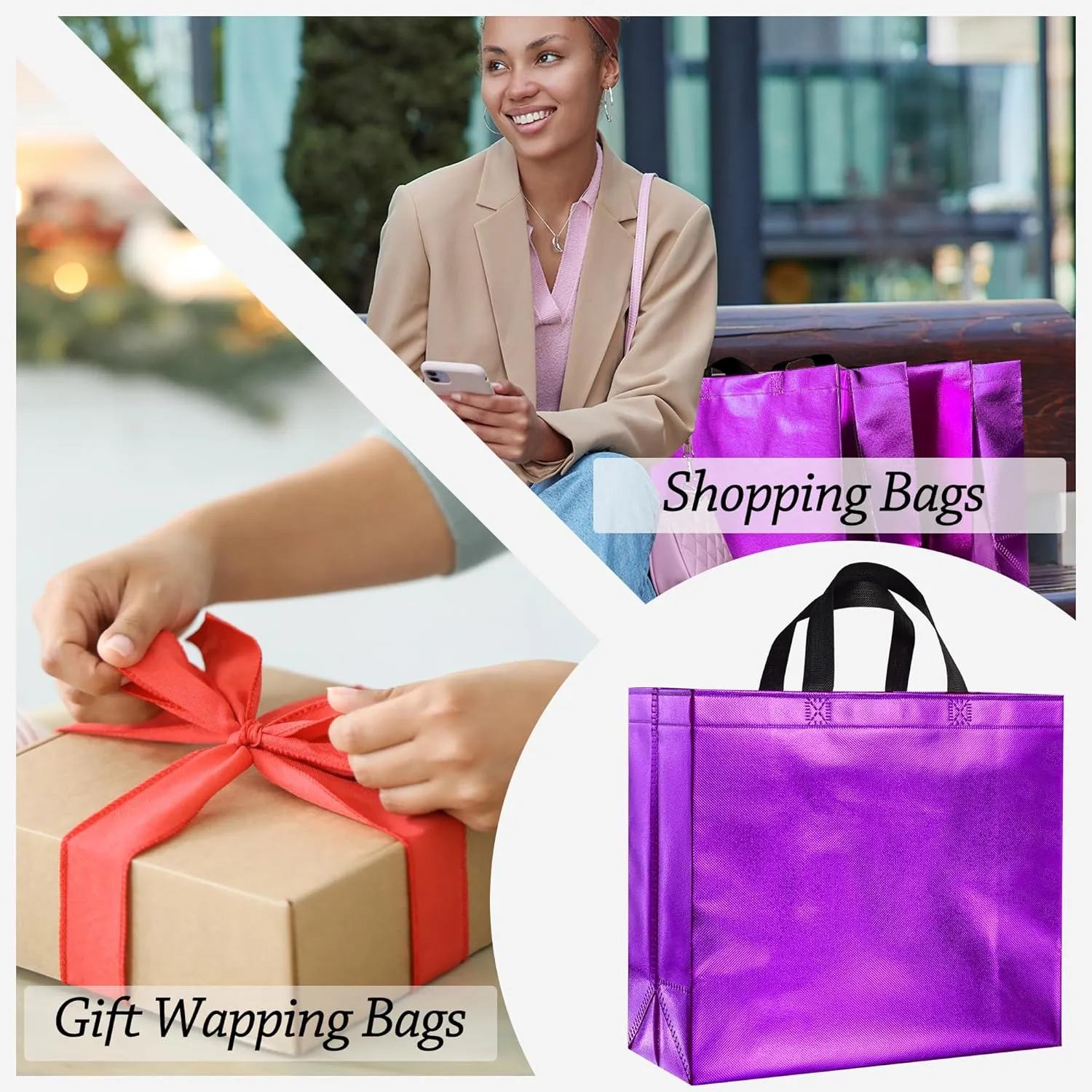 BLEWINDZ 60Pcs Large Gift Bags, Glossy Reusable Gift Bags Purple Tote Bags with Handles for Birthday, Bridesmaid, Wedding, Party Favors
