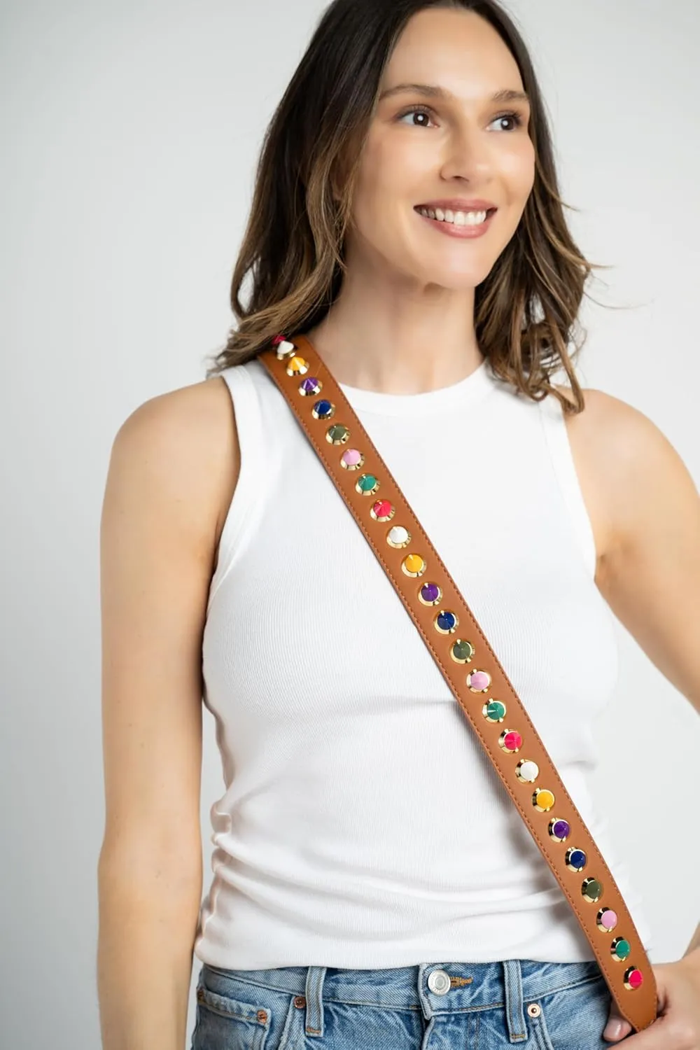 BLOC Purse Strap Replacement for Crossbody Bags, Studded Shoulder Strap, Stud Strap for Handbags and Purses (Brown with Multicolor Studs)