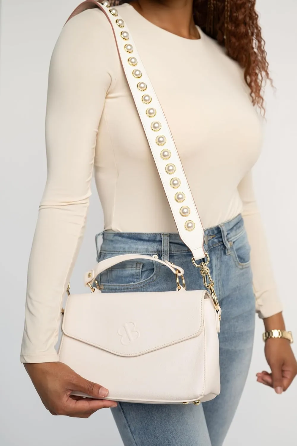BLOC Purse Strap Replacement for Crossbody Bags, Studded Shoulder Strap, Stud Strap for Handbags and Purses (White Pearl)