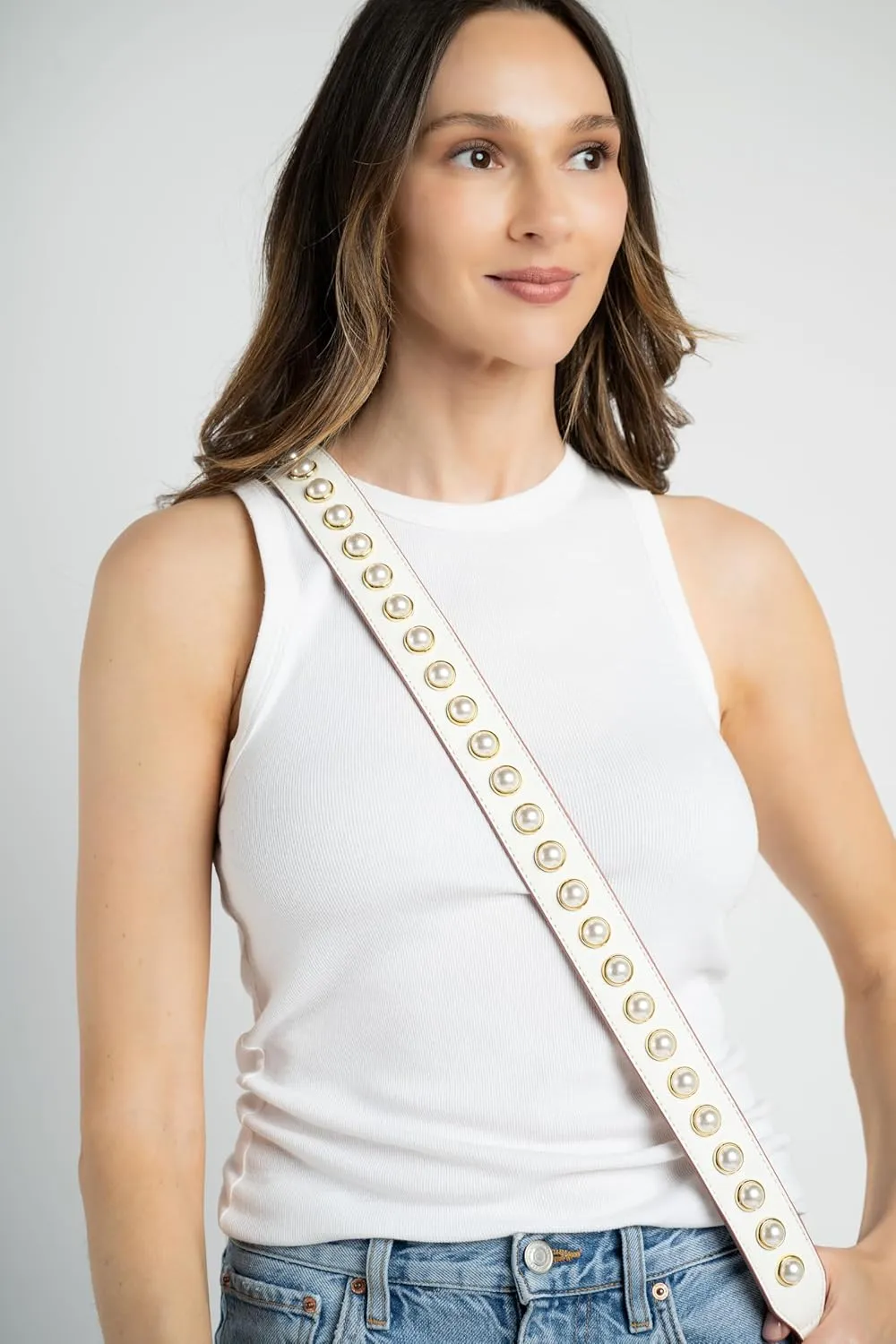 BLOC Purse Strap Replacement for Crossbody Bags, Studded Shoulder Strap, Stud Strap for Handbags and Purses (White Pearl)