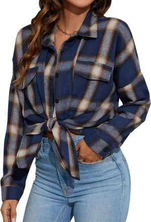 Blooming Jelly Women's Button Down Flannel Shirts Plaid Shacket Long Sleeve Collared Business Casual Tops Work Blouses