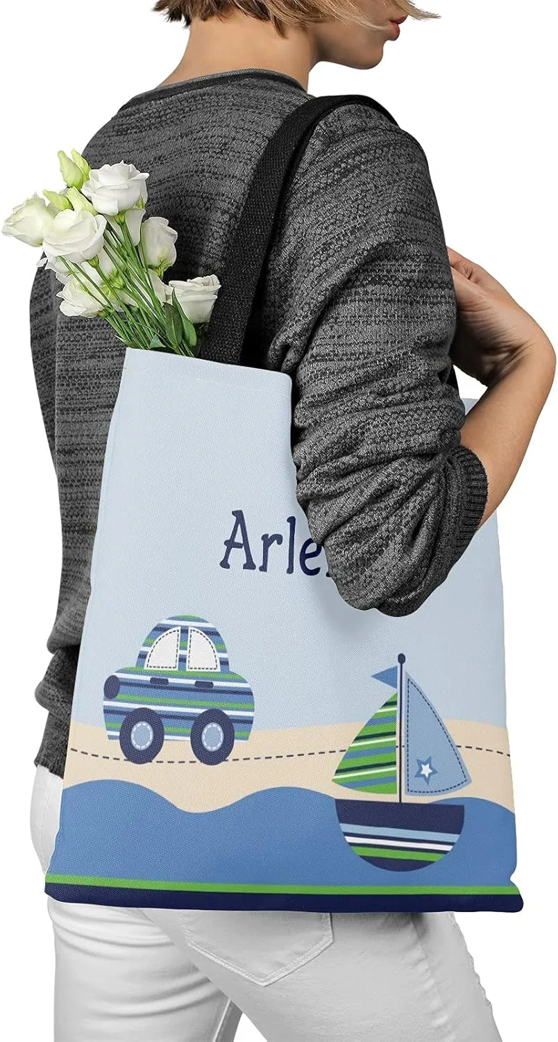 Blue Racing Car Personalized Canvas Tote Bags for Women Kids, Reusable Bags for Shopping,Travel,School Handbag Gift