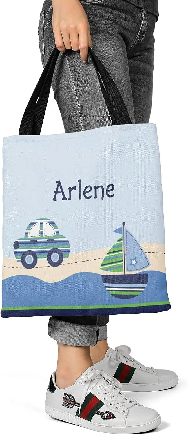 Blue Racing Car Personalized Canvas Tote Bags for Women Kids, Reusable Bags for Shopping,Travel,School Handbag Gift