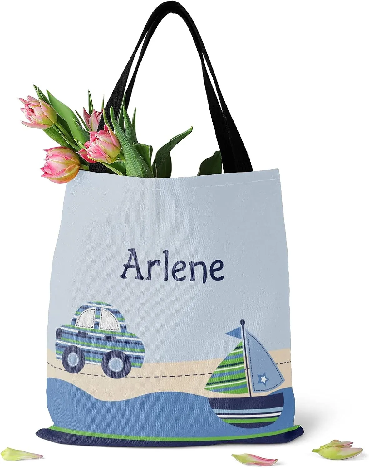 Blue Racing Car Personalized Canvas Tote Bags for Women Kids, Reusable Bags for Shopping,Travel,School Handbag Gift
