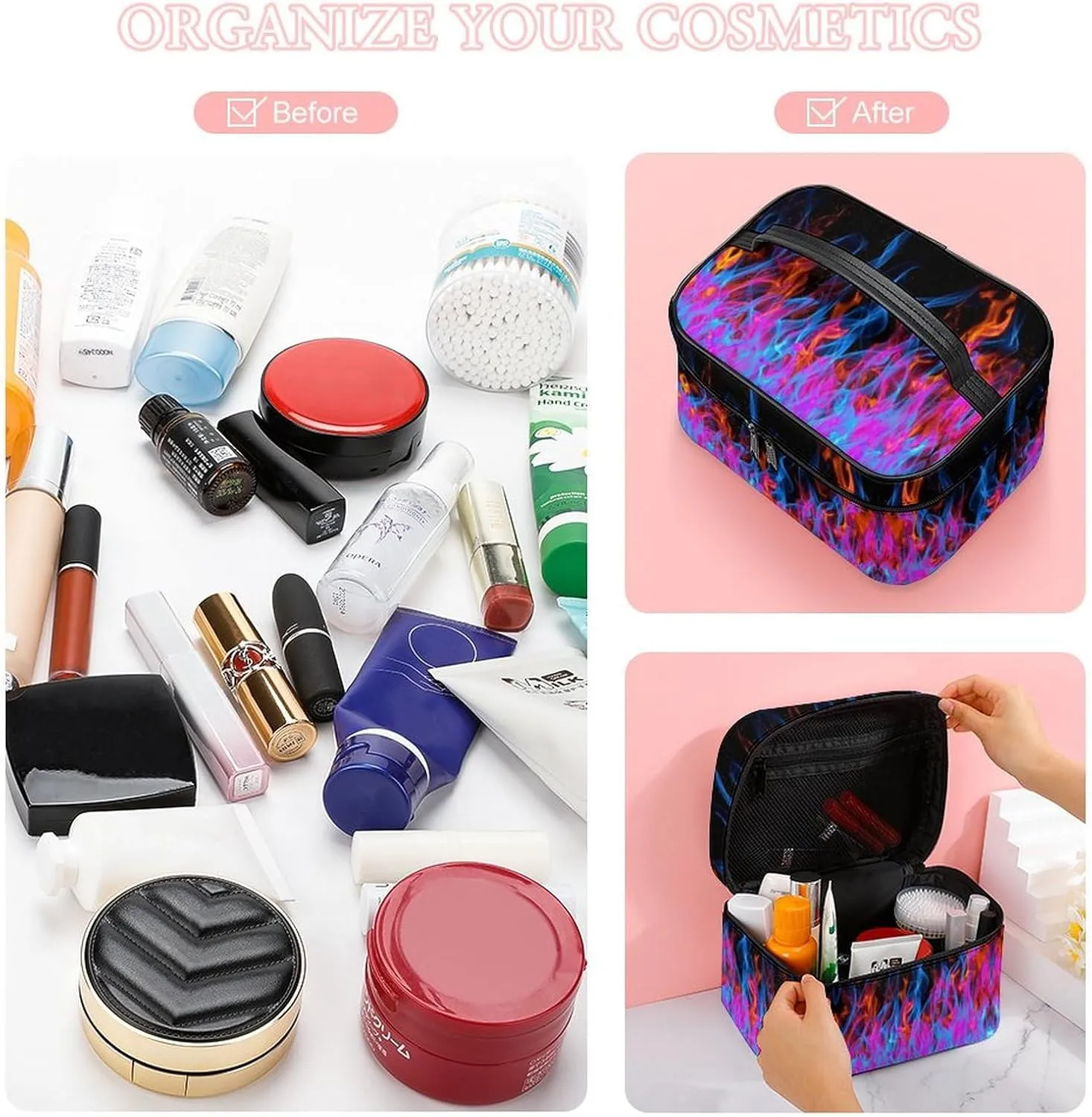 Blue Red Flame Print Travel Makeup Bag For Women Cosmetic Bags Organizer With Soft Handle Compartments Mens Big Capacity Skincare Toiletry Bag Camping Wedding Make Up Pouch