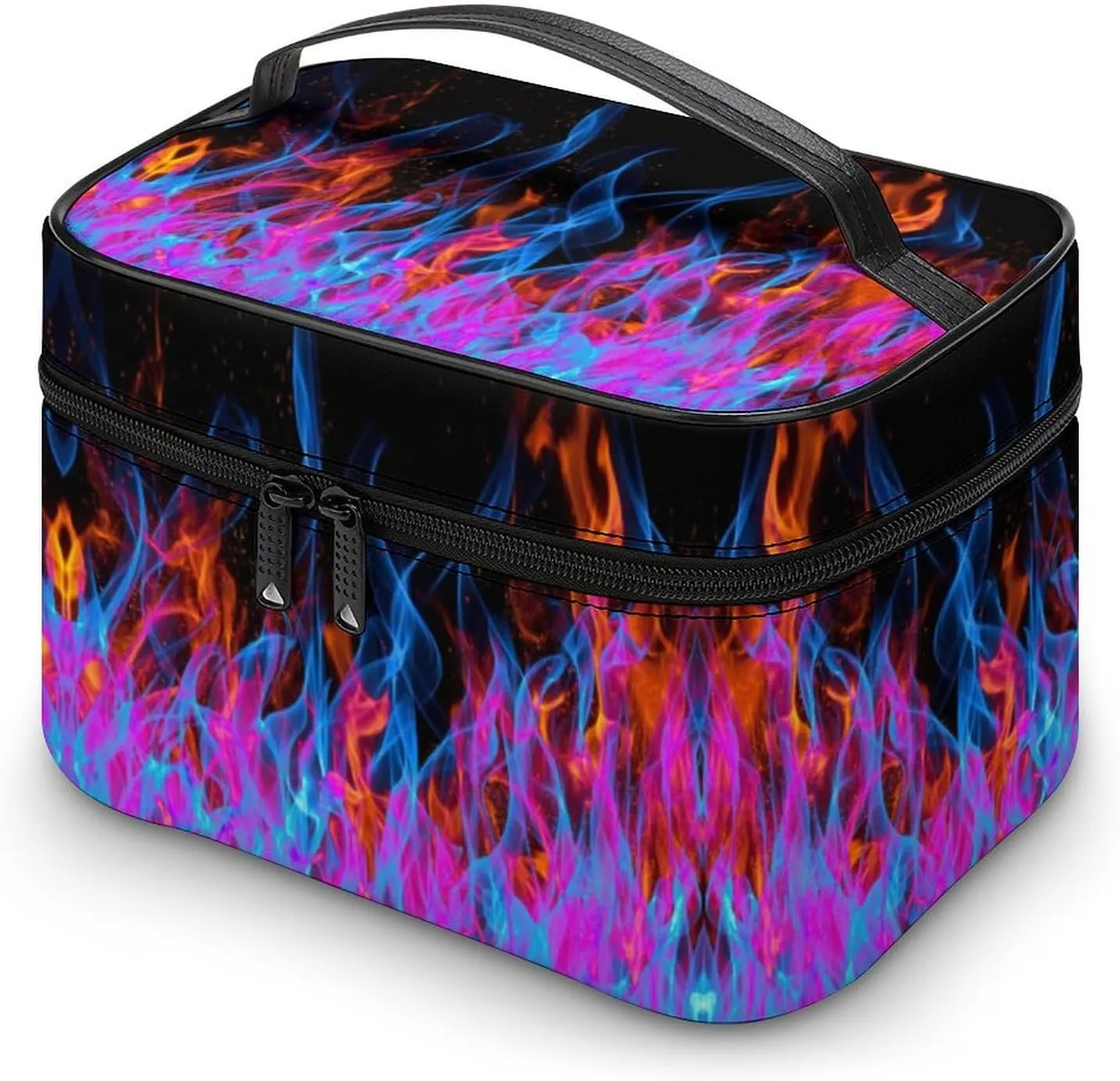 Blue Red Flame Print Travel Makeup Bag For Women Cosmetic Bags Organizer With Soft Handle Compartments Mens Big Capacity Skincare Toiletry Bag Camping Wedding Make Up Pouch