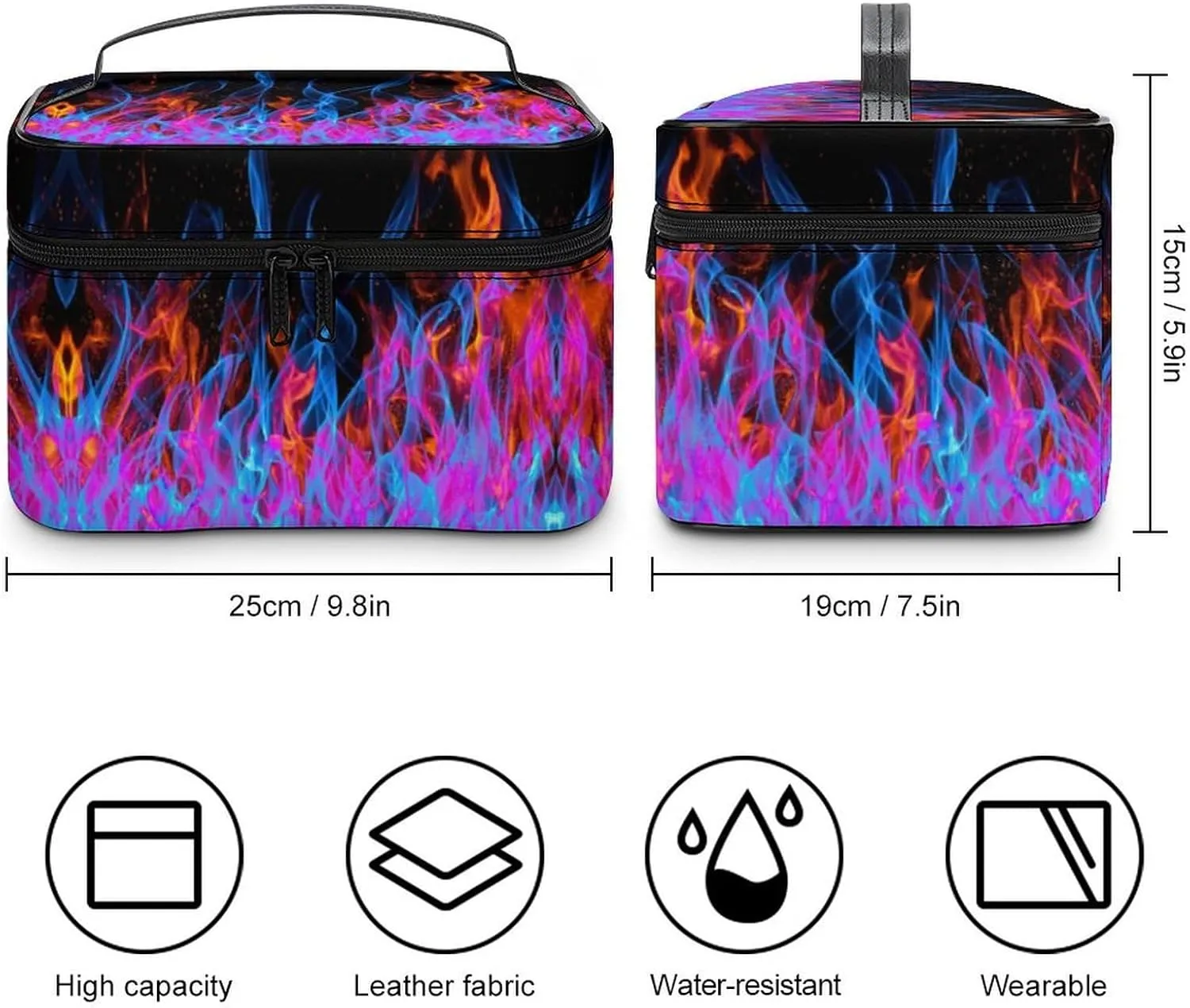 Blue Red Flame Print Travel Makeup Bag For Women Cosmetic Bags Organizer With Soft Handle Compartments Mens Big Capacity Skincare Toiletry Bag Camping Wedding Make Up Pouch