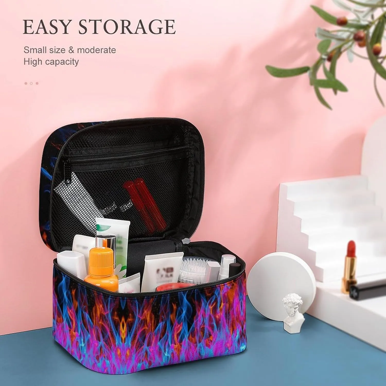 Blue Red Flame Print Travel Makeup Bag For Women Cosmetic Bags Organizer With Soft Handle Compartments Mens Big Capacity Skincare Toiletry Bag Camping Wedding Make Up Pouch