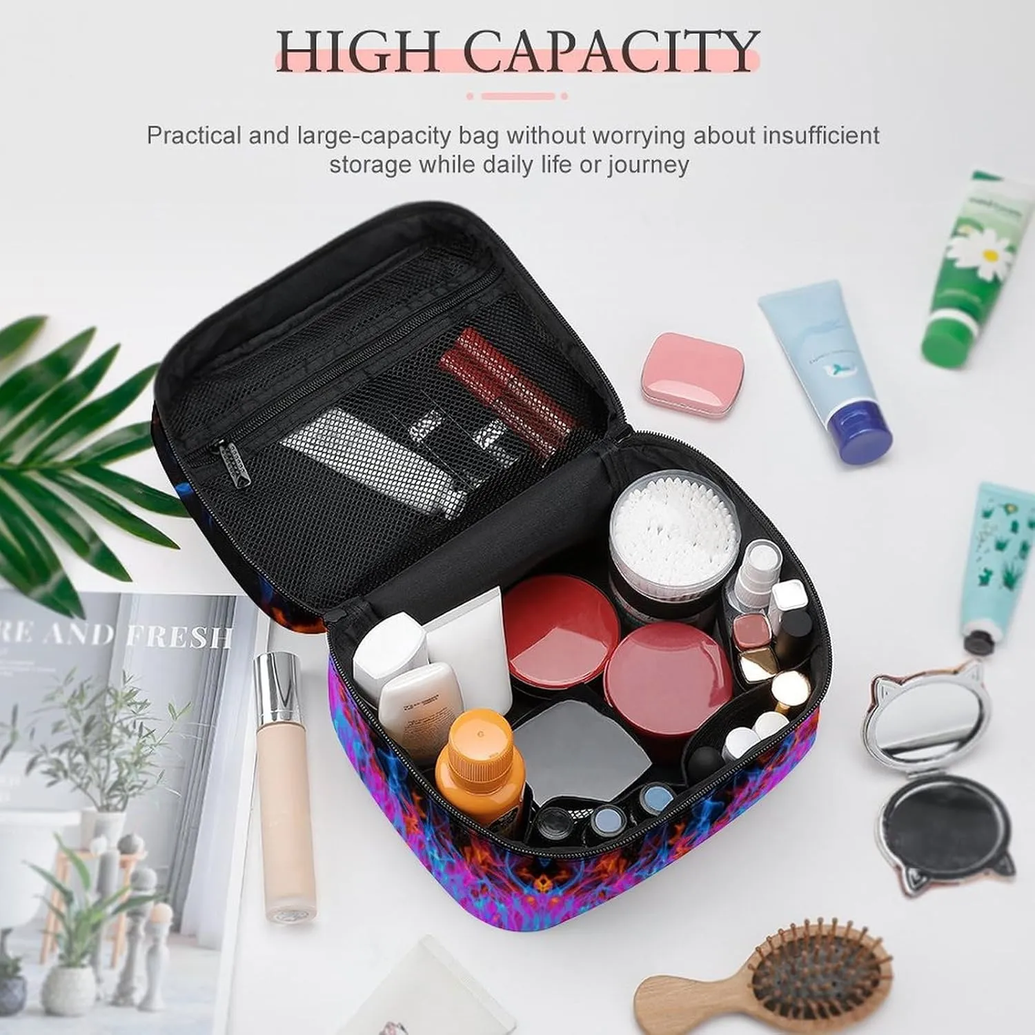 Blue Red Flame Print Travel Makeup Bag For Women Cosmetic Bags Organizer With Soft Handle Compartments Mens Big Capacity Skincare Toiletry Bag Camping Wedding Make Up Pouch