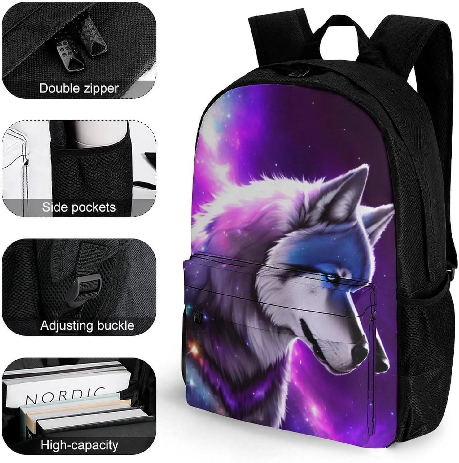 Blue Universe Galaxy Magic Wolf In The Space Art Backpack Lightweight Anti-Theft Multipurpose Shoulder Bag Large Capacity Travel Hiking Backpack With Padded Straps