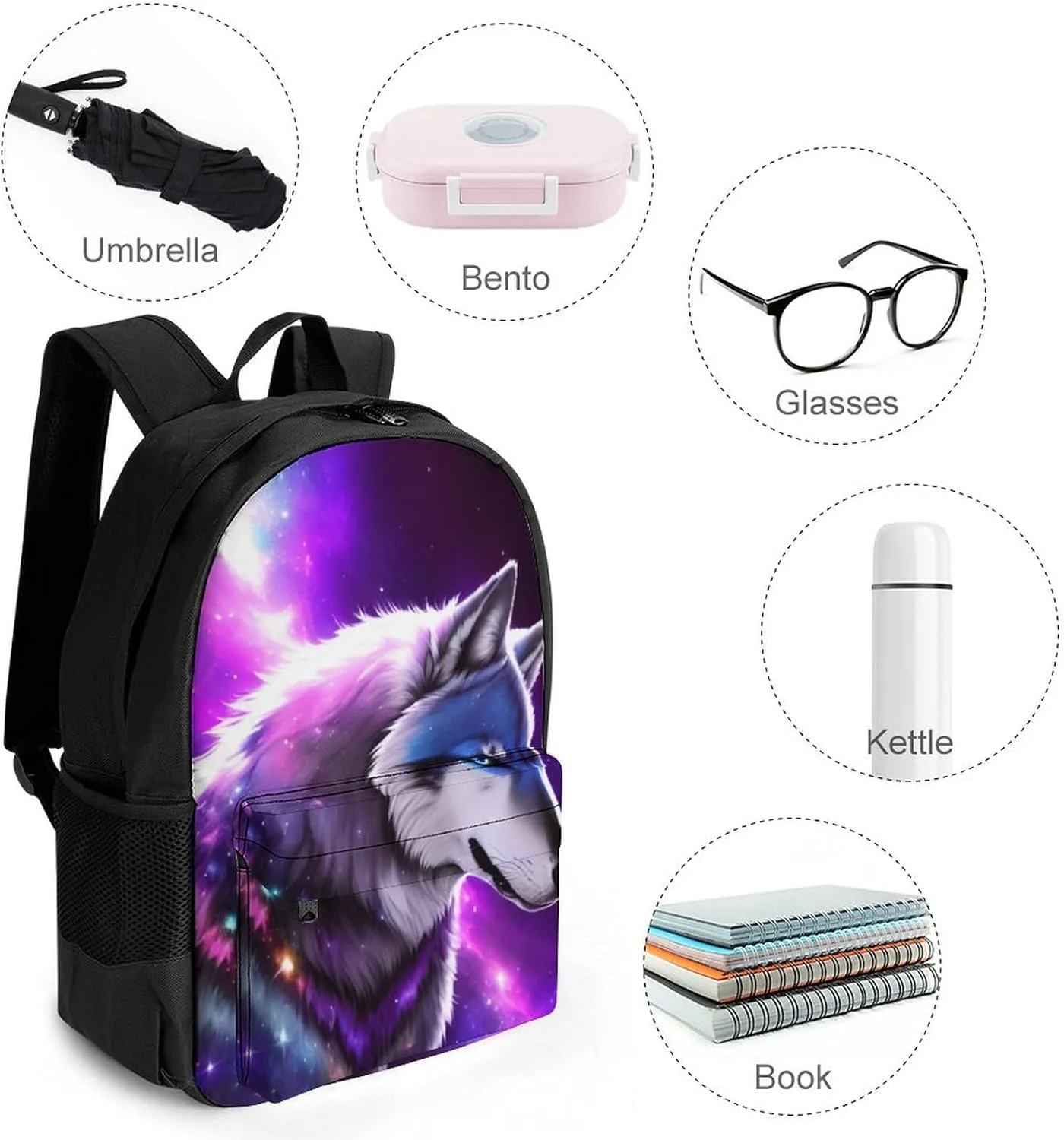 Blue Universe Galaxy Magic Wolf In The Space Art Backpack Lightweight Anti-Theft Multipurpose Shoulder Bag Large Capacity Travel Hiking Backpack With Padded Straps